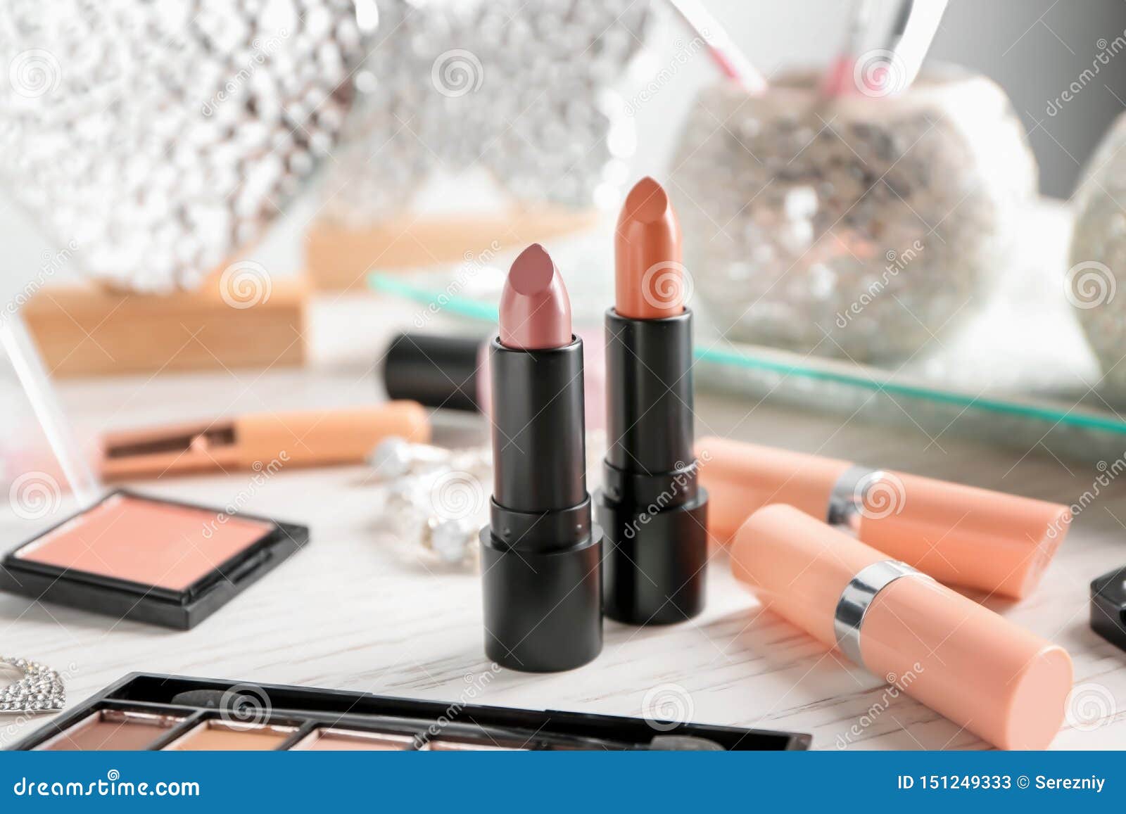 Lipsticks and Other Cosmetics on Table Stock Image Image of cosmetics