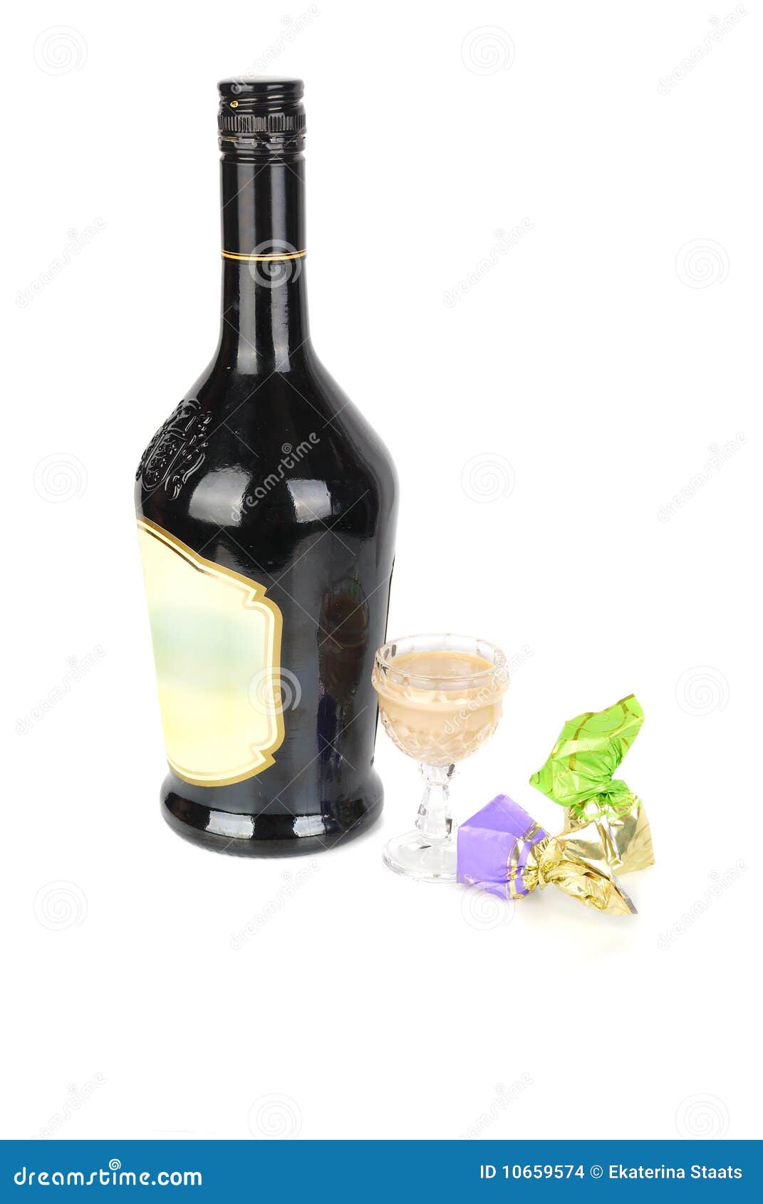 Liqueur Black Bottle with Two Sweets. Stock Photo Image of black