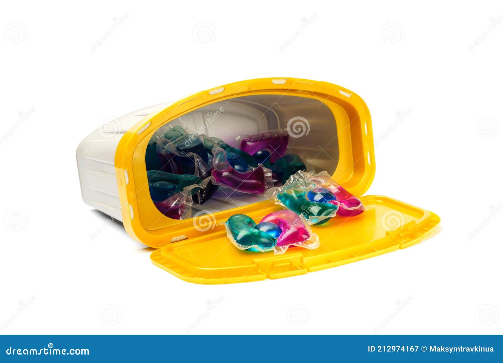 Liquid Detergent in Capsules in a Plastic Box Isolated on a White