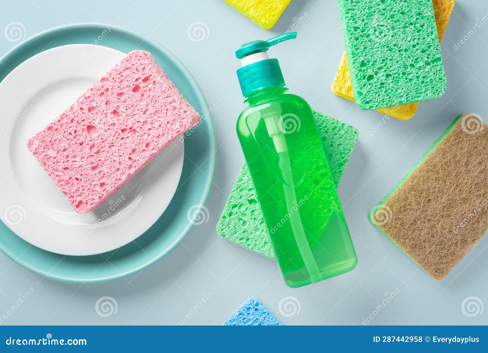 Liquid Dishwashing Soap with Cleaning Sponge and Dish on Blue Background Stock Photo Image of