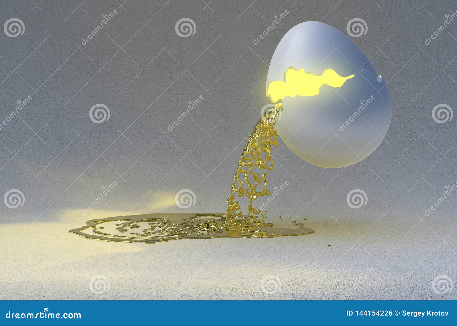 Liquid Gold Pouring from a Broken Easter Egg. Abstract Composition Over