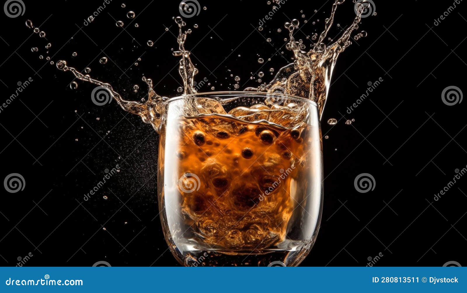 Liquid Gold Pouring into Glass, Ice Cubes and Bubbles Refreshing