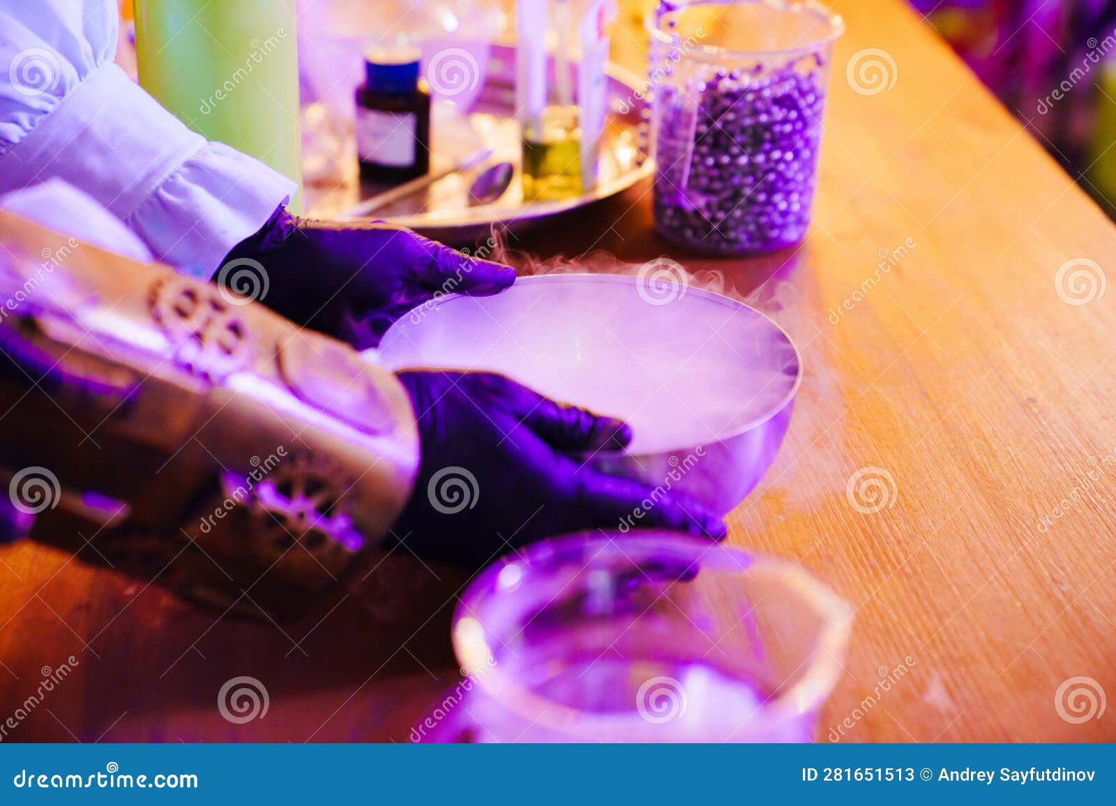 Liquid Nitrogen Bowl for Presentation with Chemical Experiments. Stock