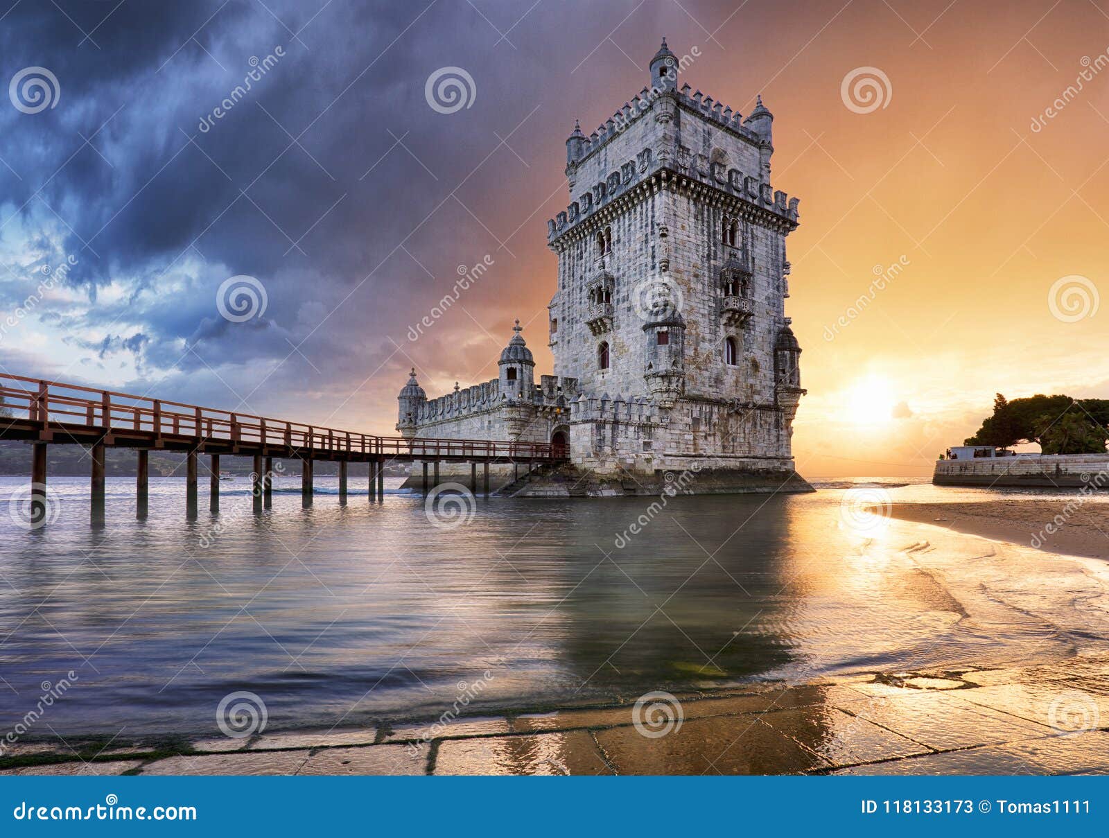 lisbon, belem tower at sunset, lisboa - portugal