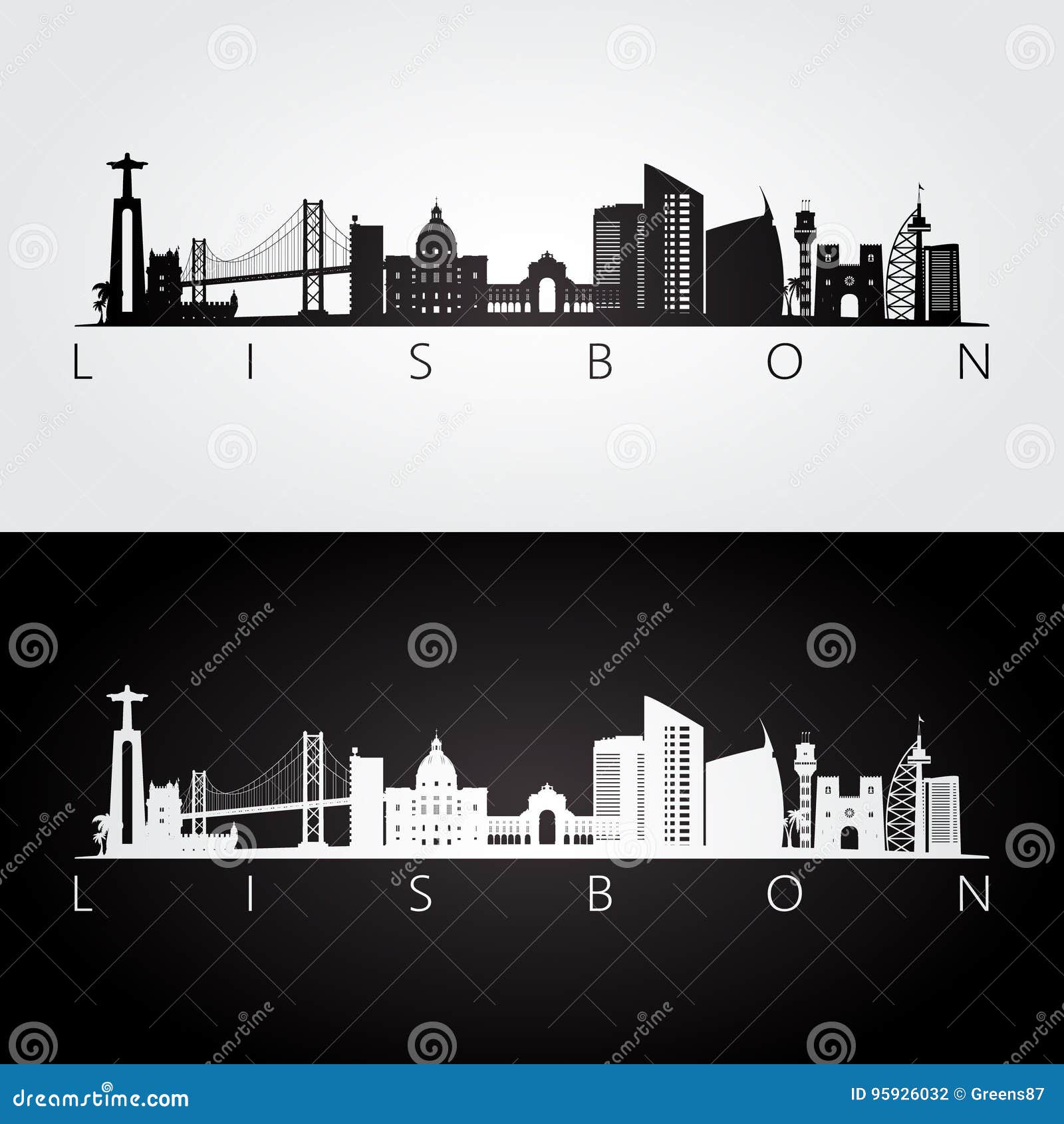 lisbon skyline and landmarks silhouette