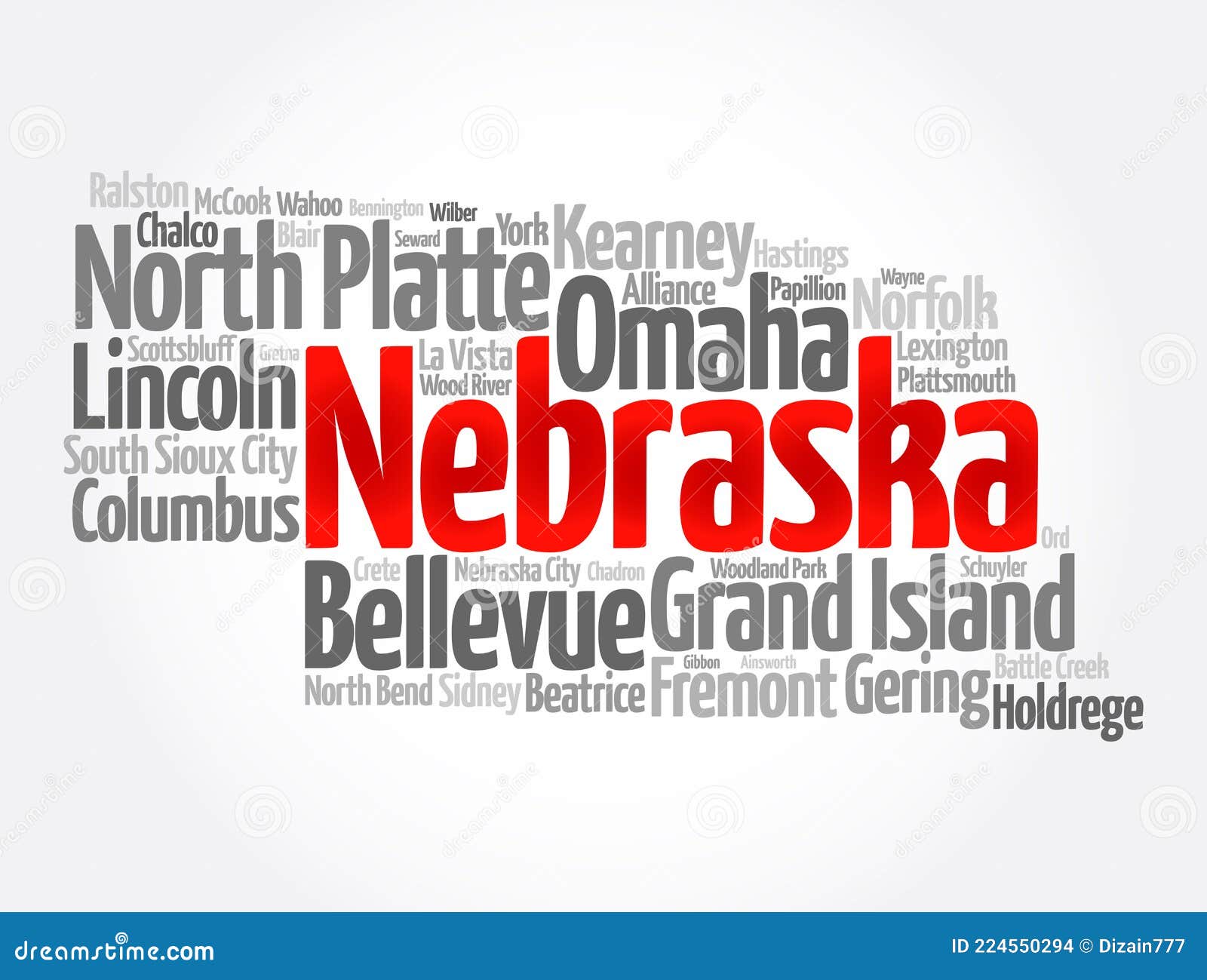 List of Cities in Nebraska USA State, Map Silhouette Word Cloud Map