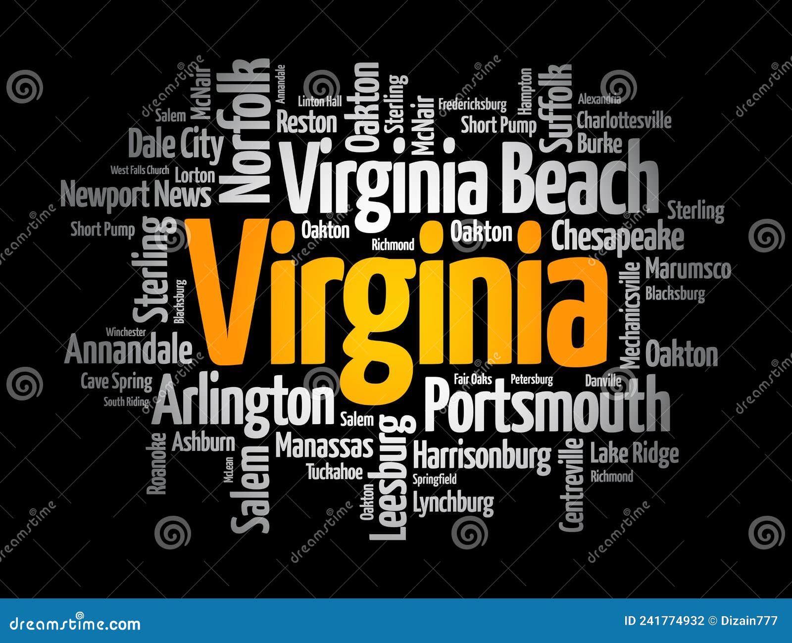 List of Cities in Virginia USA State, Word Cloud Concept Background