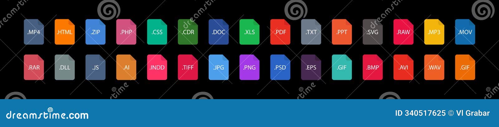 list of document file types and extensions. set of pdf, doc, jpg, xls, zip. graphic templates for ui