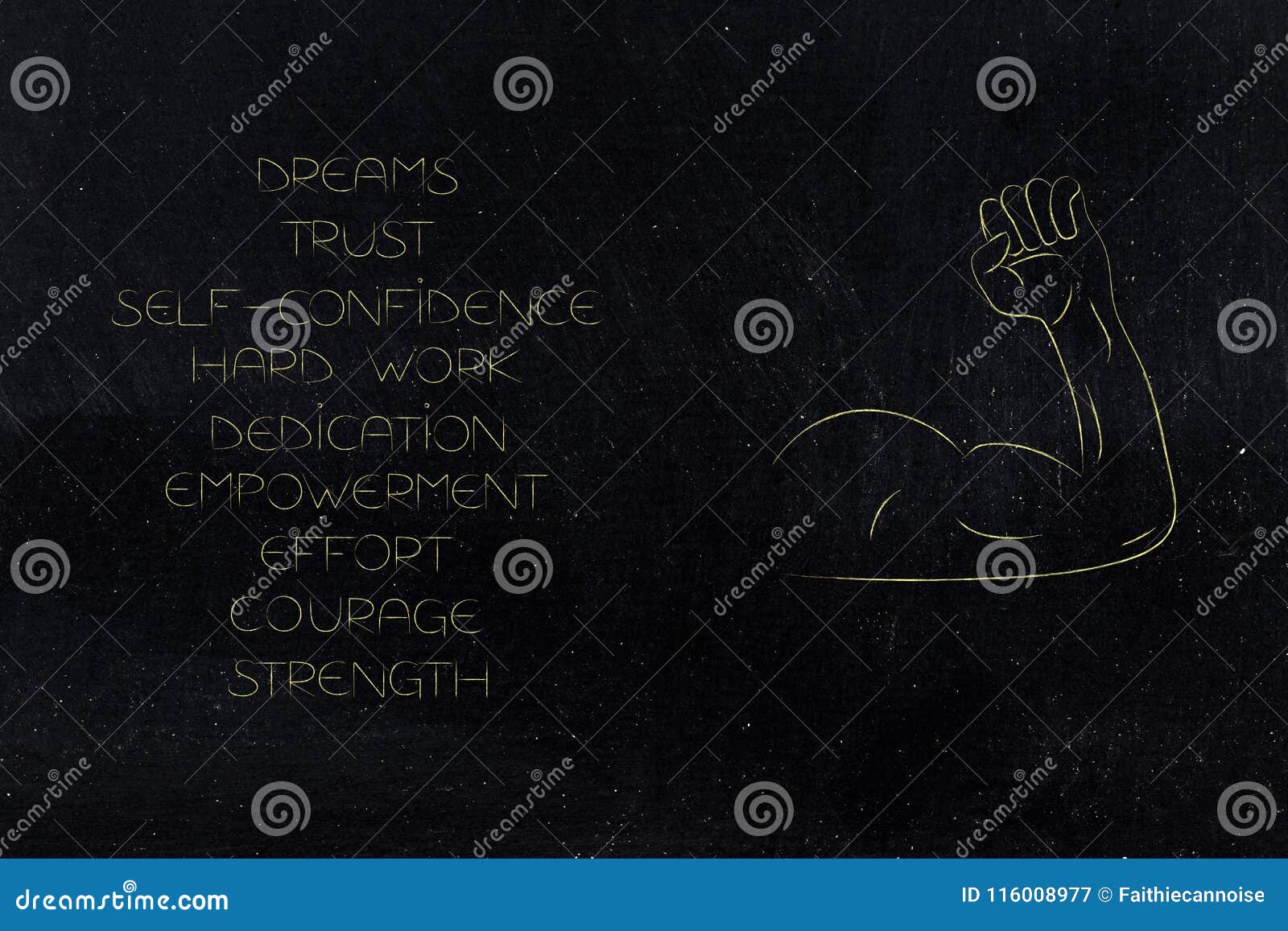 List of Strong Attitude Elements Next To Muscled Arm Flexing Bic Stock