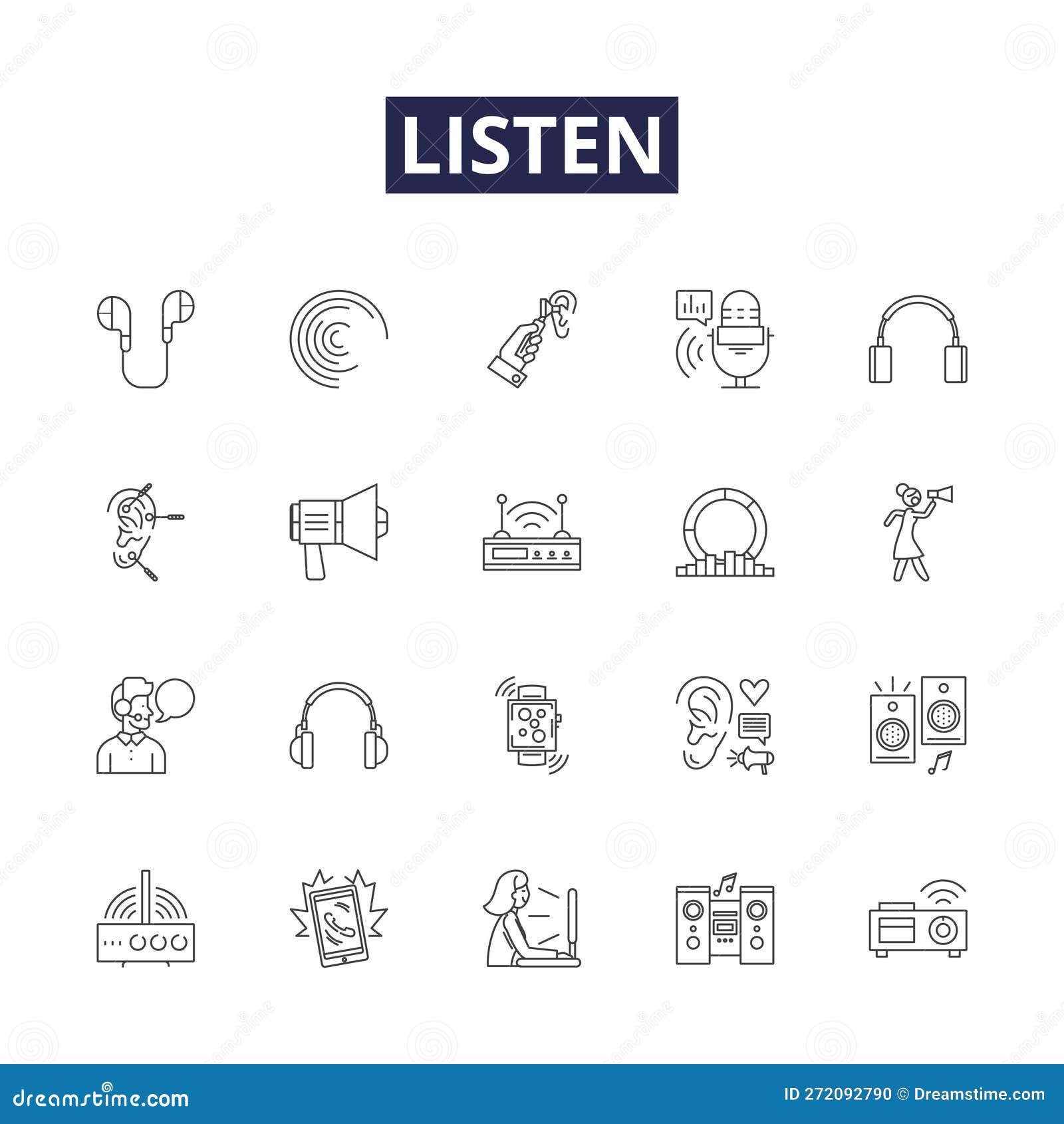 listen line  icons and signs. attend, obey, comprehend, eavesdrop, perceive, admit, consider, oblige outline