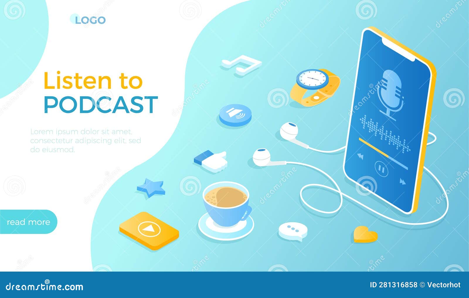 listen to podcast. podcasting concept of music program, news, interview, talk show and audio blogs. mobile streaming application