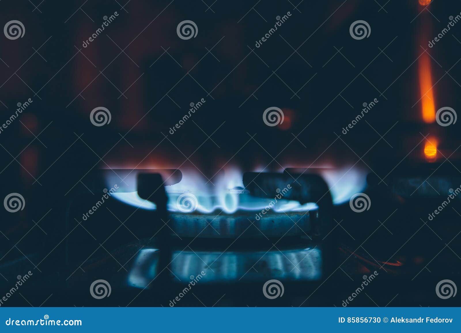 Lit Burner on the Gas Stove in the Dark Stock Photo Image of food