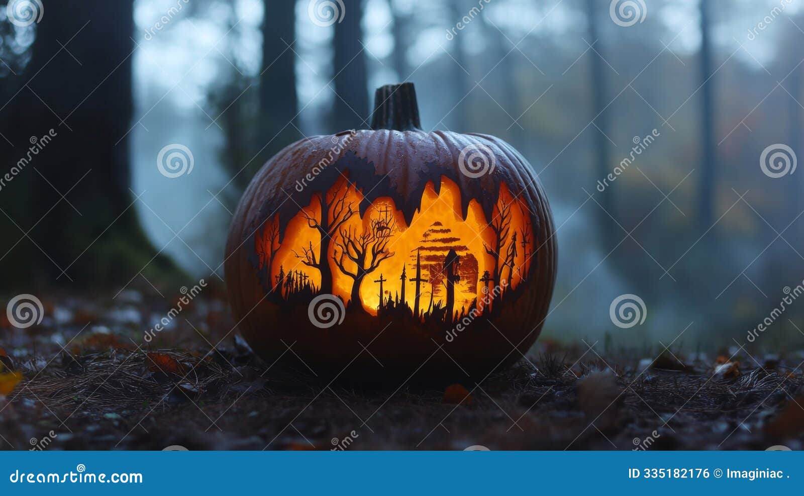 Lit Jacko Lantern with Carved Forest