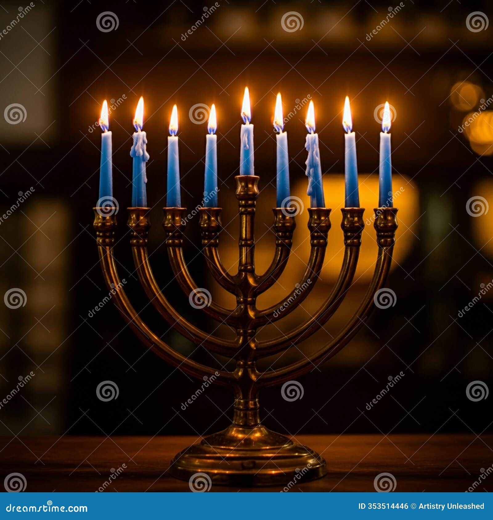 lit menorah with nine blue candles
