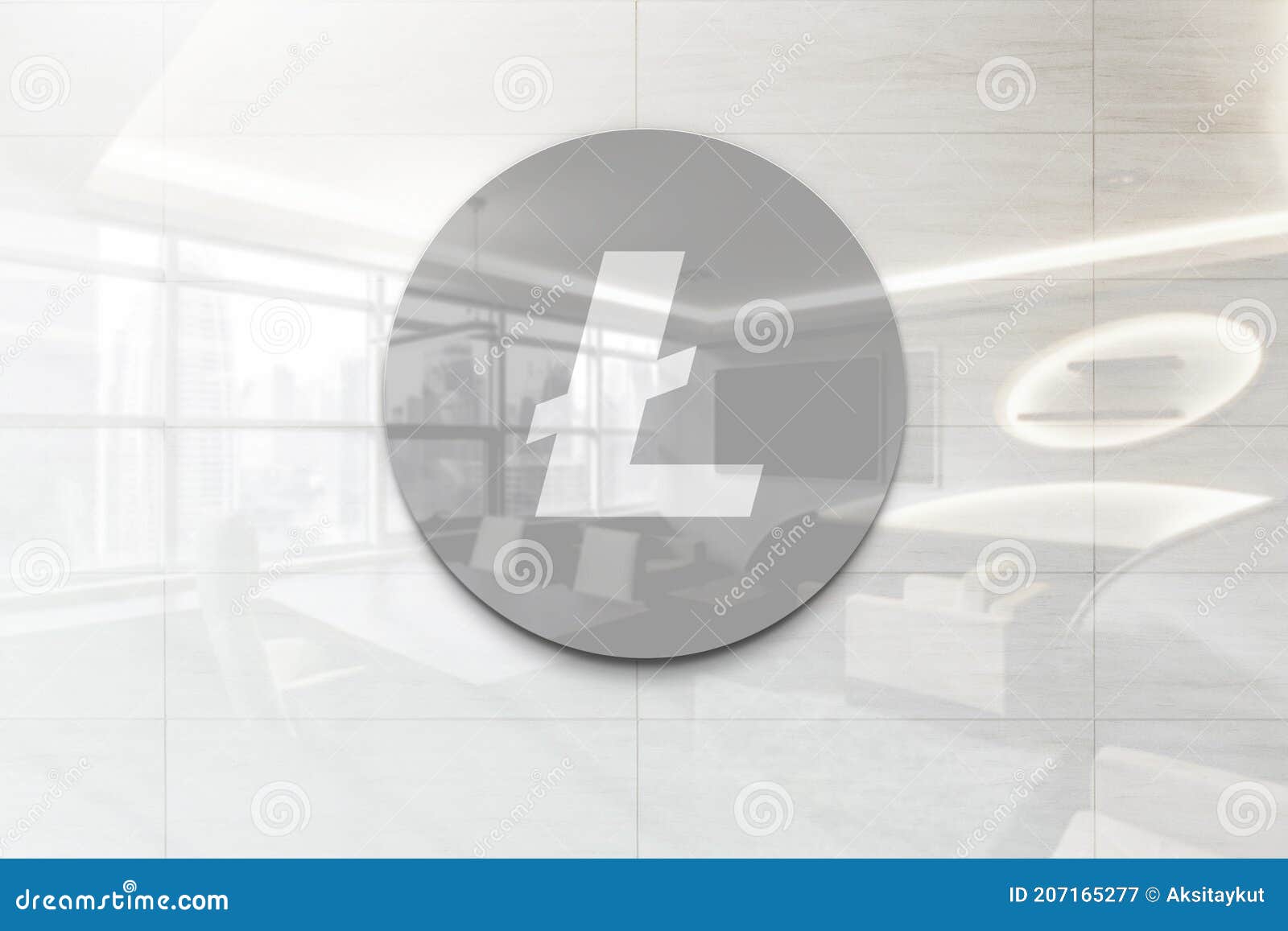 litecoin on glossy office wall realistic texture