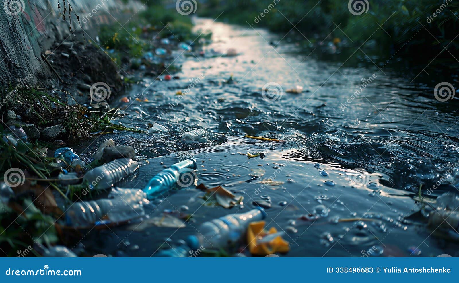 litter and plastic bottles contaminate the river, showing the urgent need for pollution control and environmental awareness