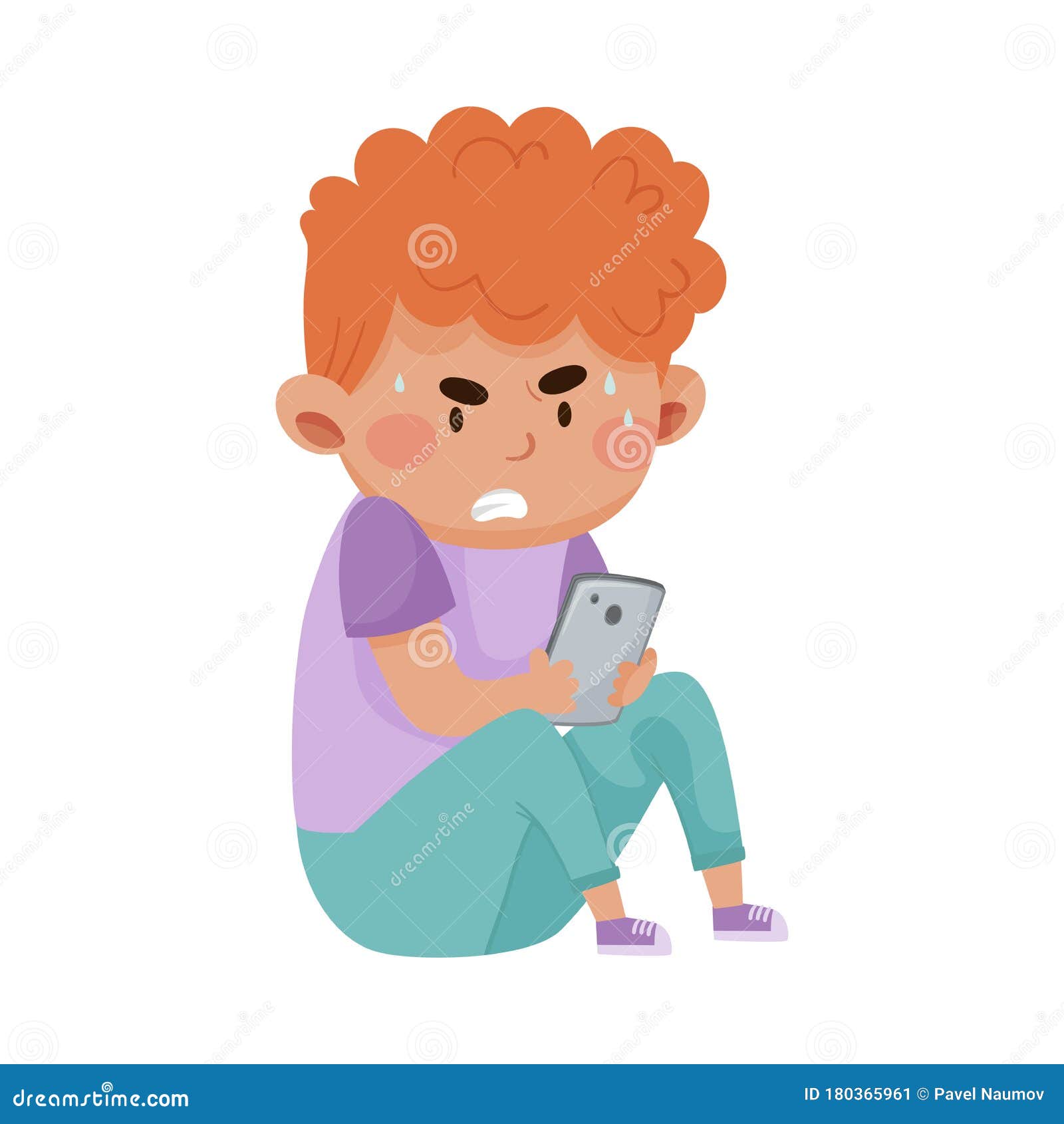 Little Angry Boy Sitting and Holding Smartphone Vector Illustration ...