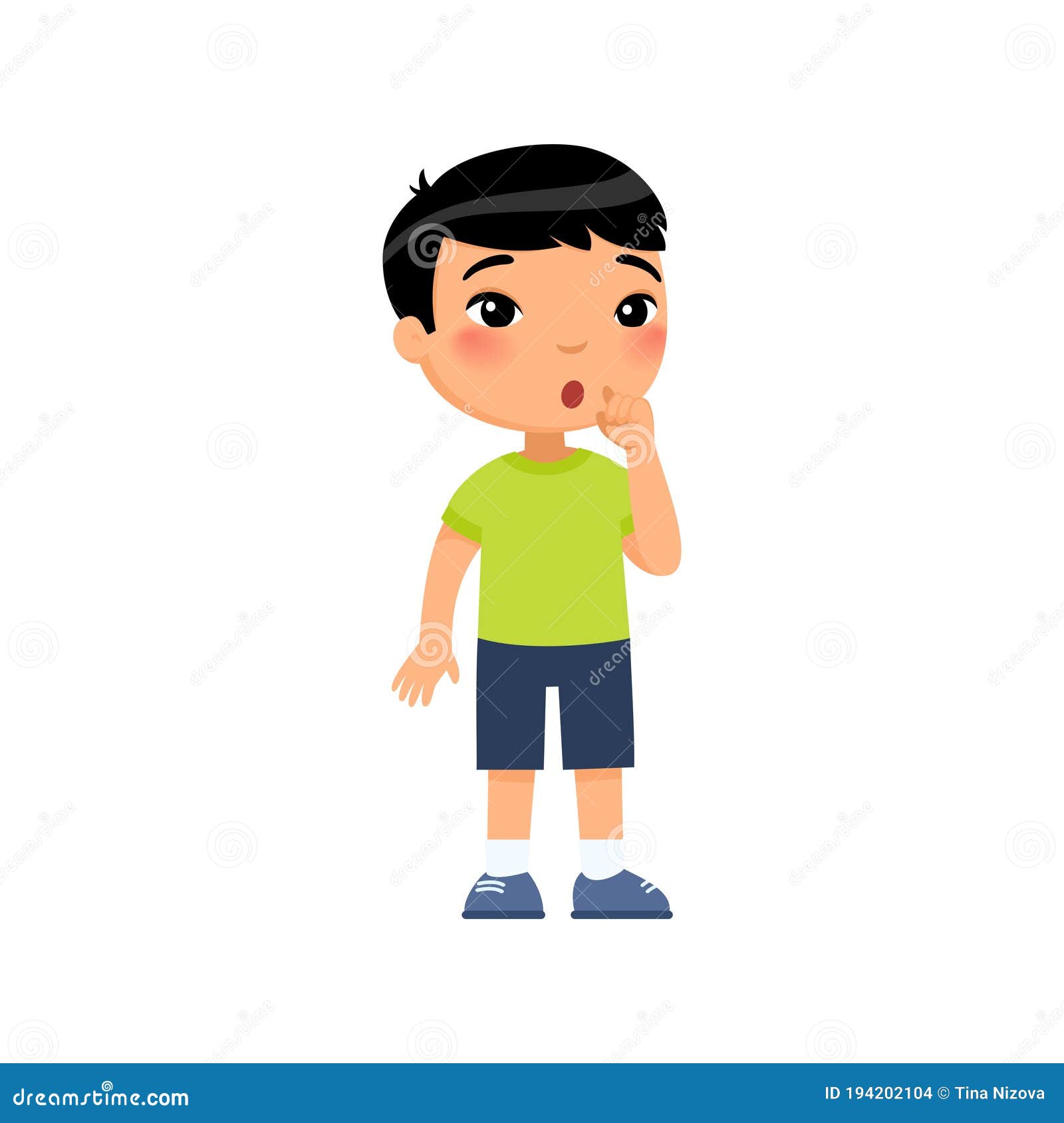 little asian boy showing silence gesture flat  . child  standing, cartoon character.