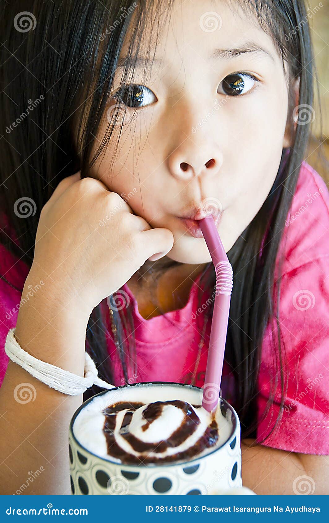 Little Asian Girl Enjoy A Cup Of Chocolate Shake Stock Image Image 28141879