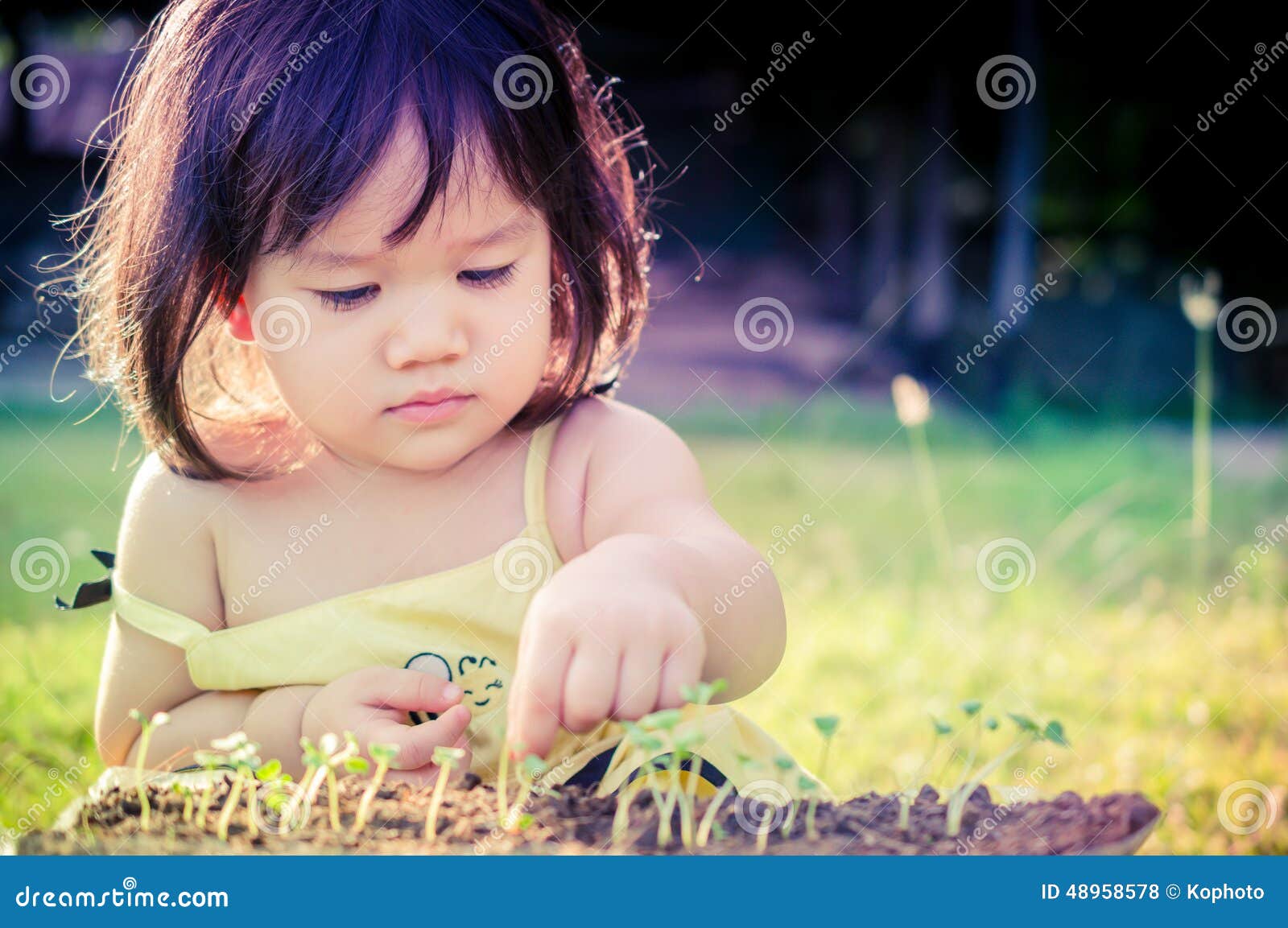 A Little Asian Girl and Green Sprout Stock Photo - Image of leisure ...