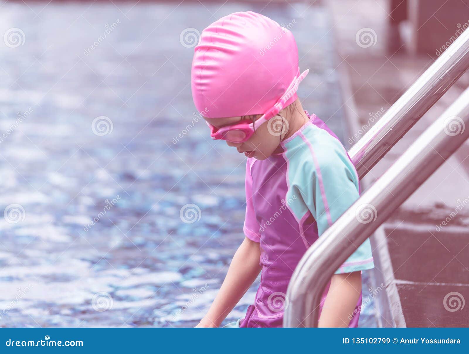 Little Asian Girl Swimming With Glasses Stock Image Image