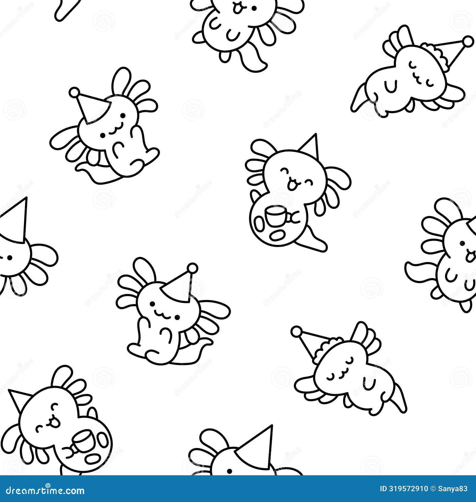 Little Axolotl. Seamless Pattern. Coloring Page Vector Illustration