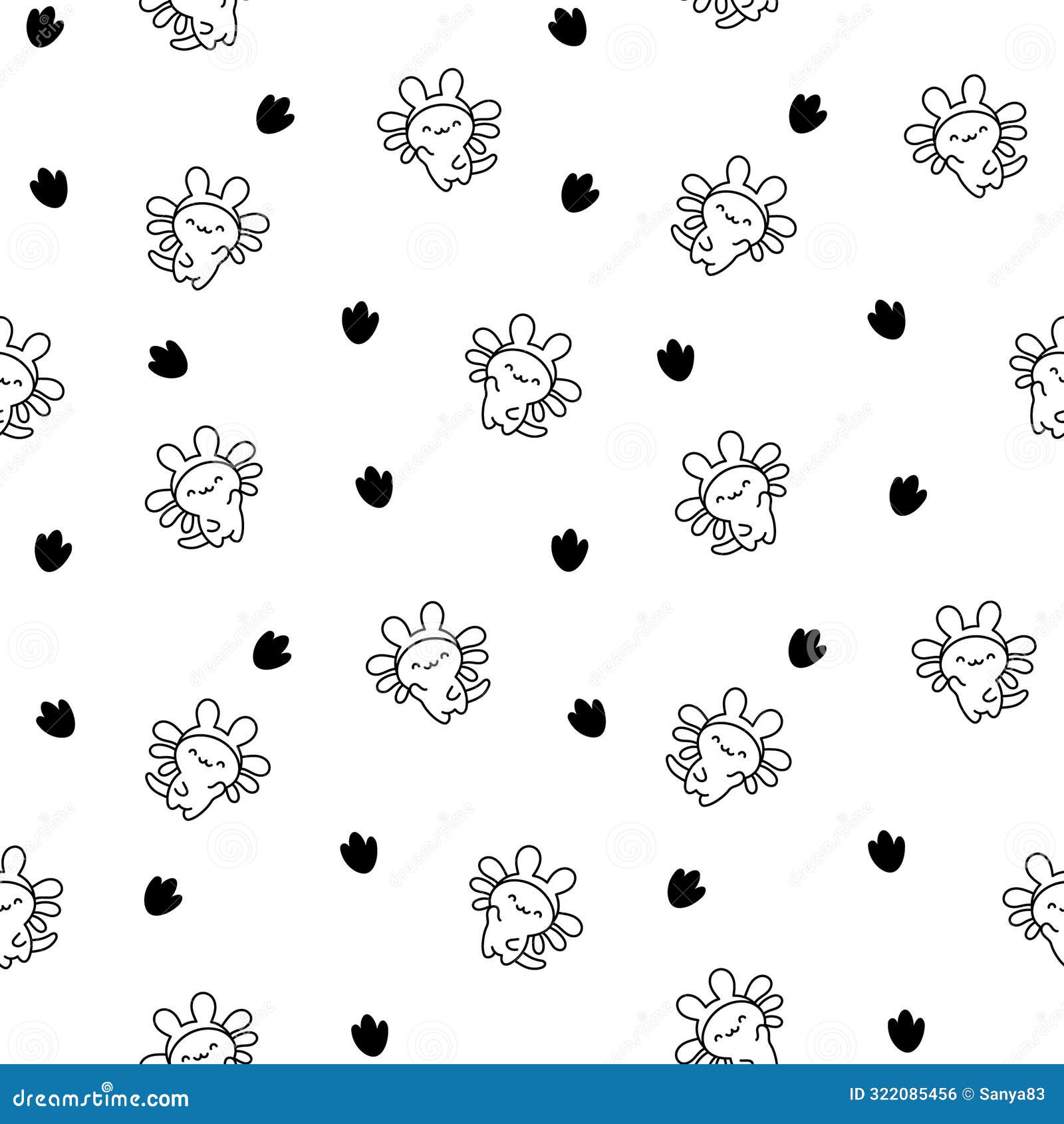 Little Axolotl. Seamless Pattern. Coloring Page Vector Illustration