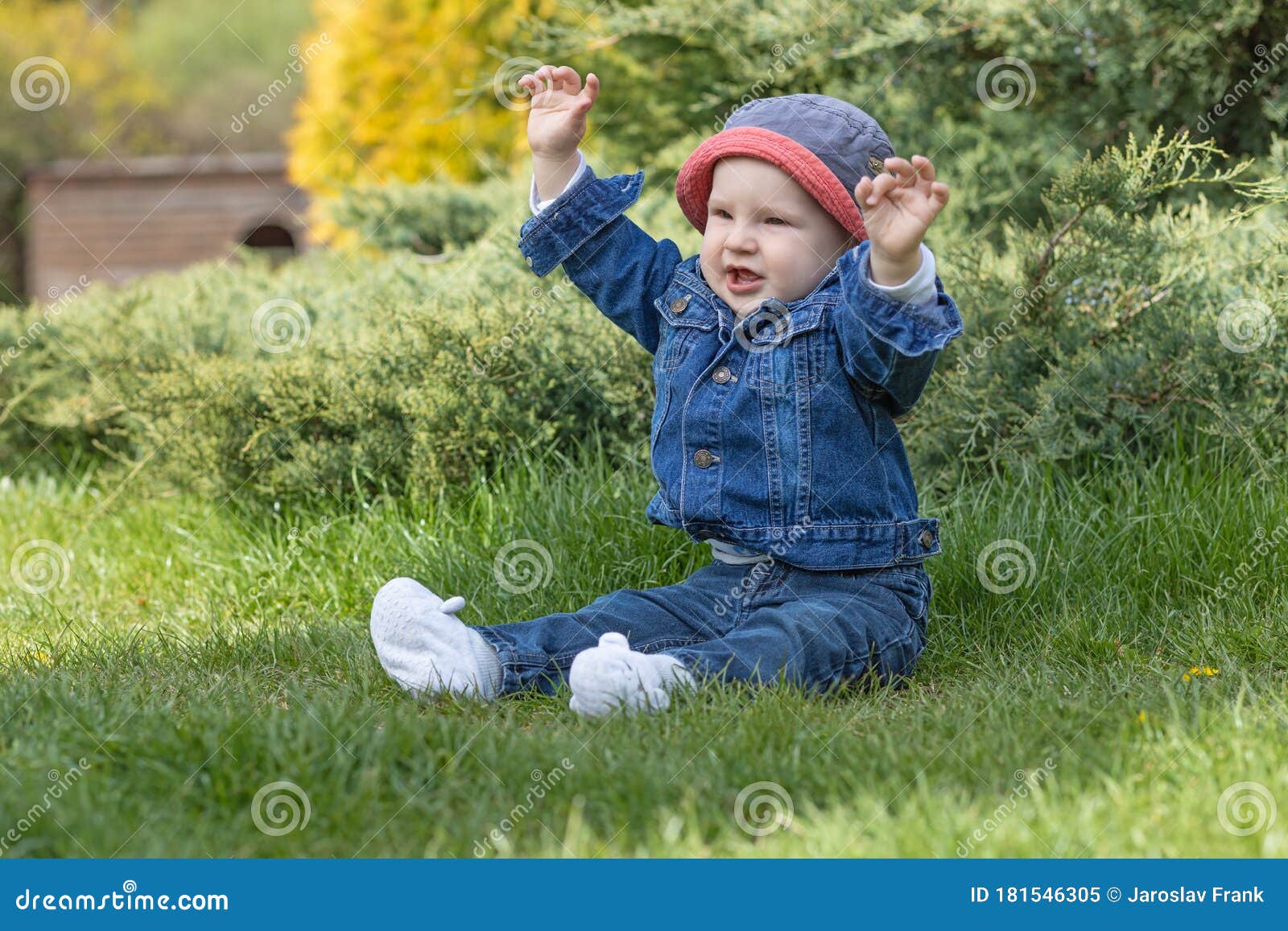 Little Baby Boy is Sitting on the Grass with Arms Raised Stock Image ...