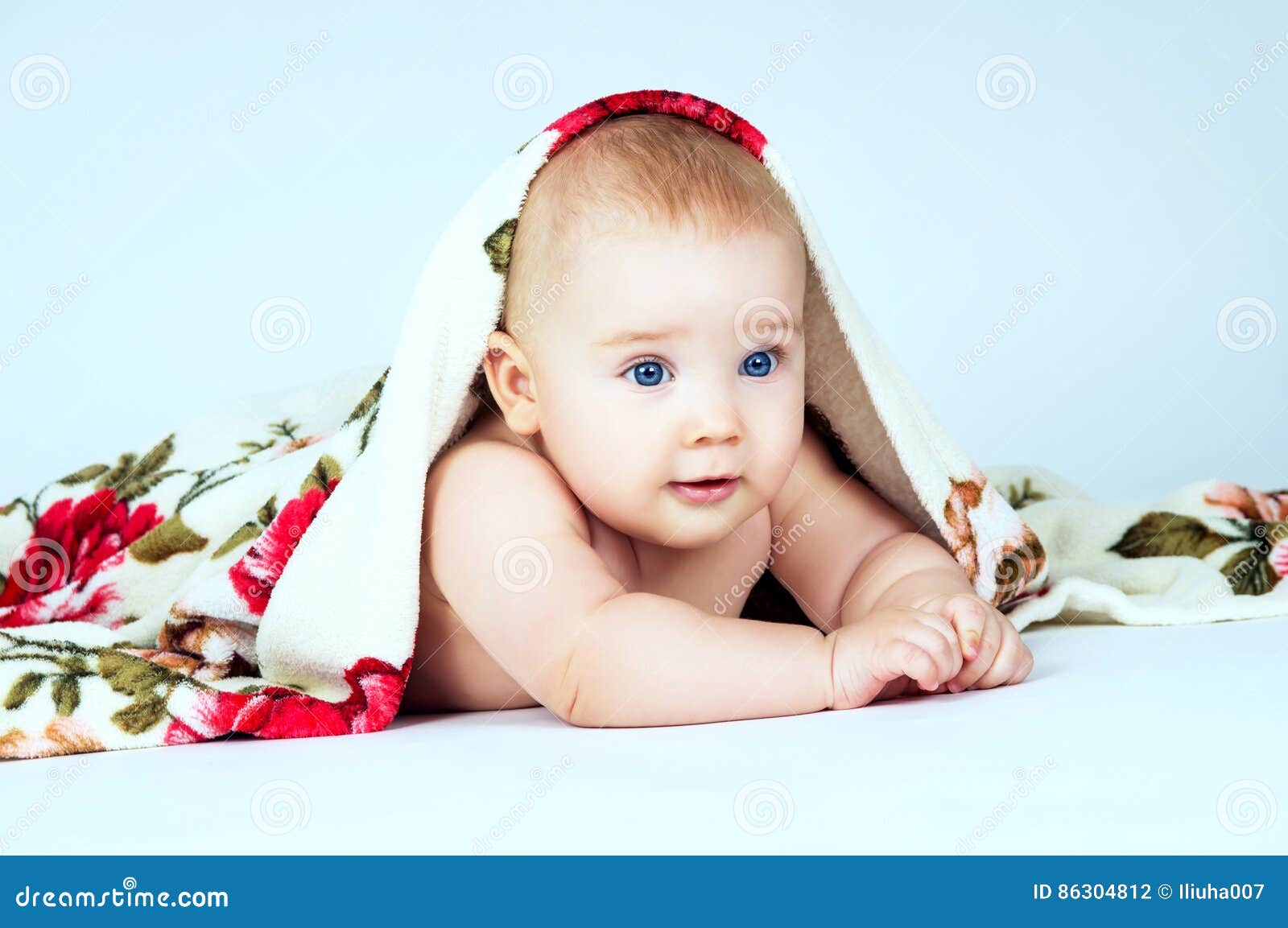 Little Baby Covered with a Blanket on a Gray Background Stock Photo Image of forward, child