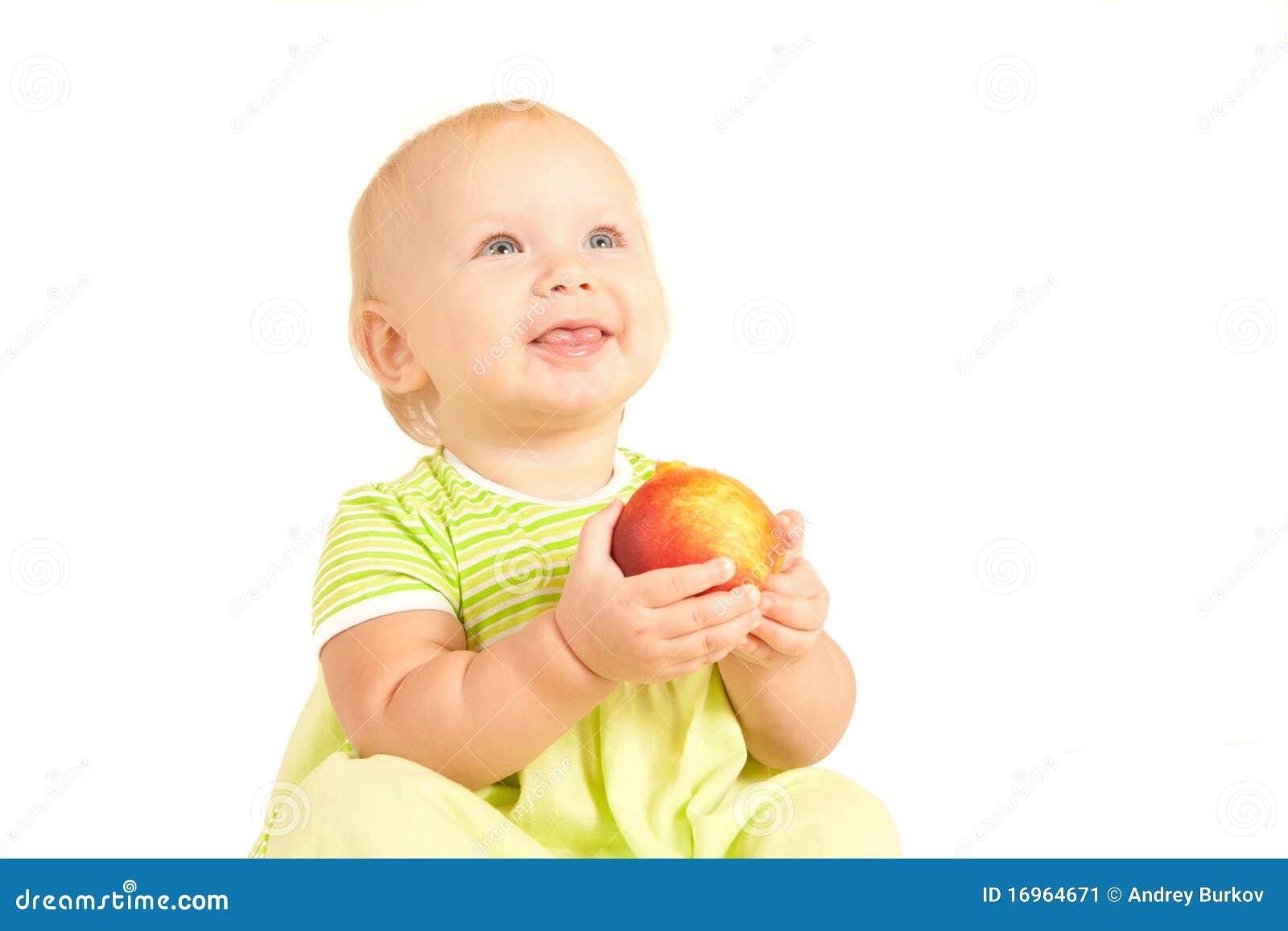 Little Baby Eat Red Peach Smiling Stock Image Image of beautiful