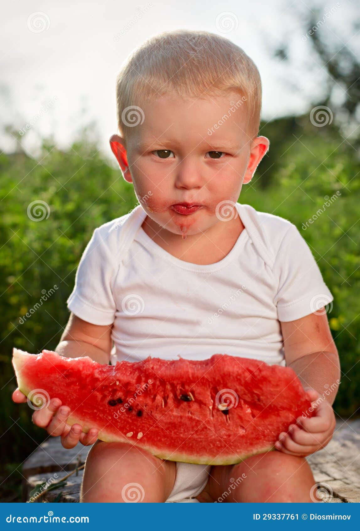 Little Baby Eating Watermelon Outdoors Stock Image Image of blond