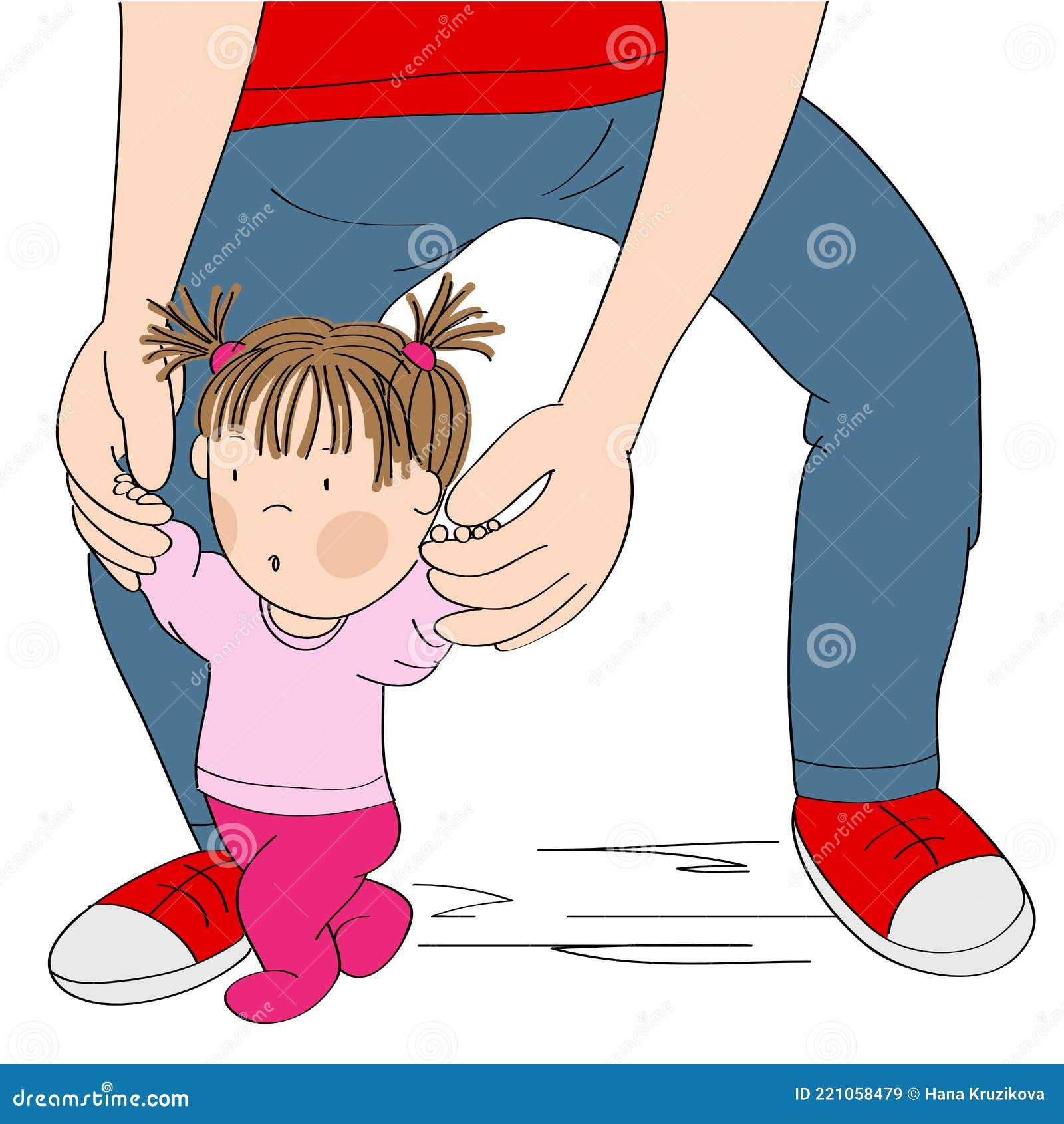 Little Baby Girl Learning To Walk. Young Father Helping His Daughter,  Holding the Toddler, Making First Steps Stock Vector - Illustration of  little, love: 221058479