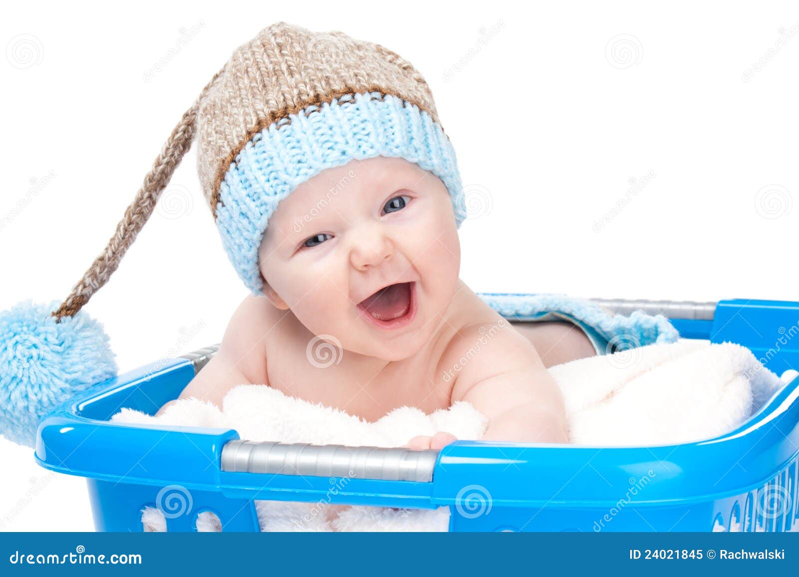 Little Baby in Laundry Basket Stock Image Image of blue, basket 24021845