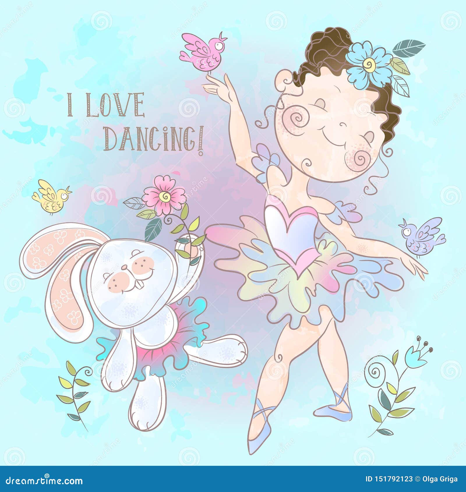 little ballerina dancing with a bunny. 
