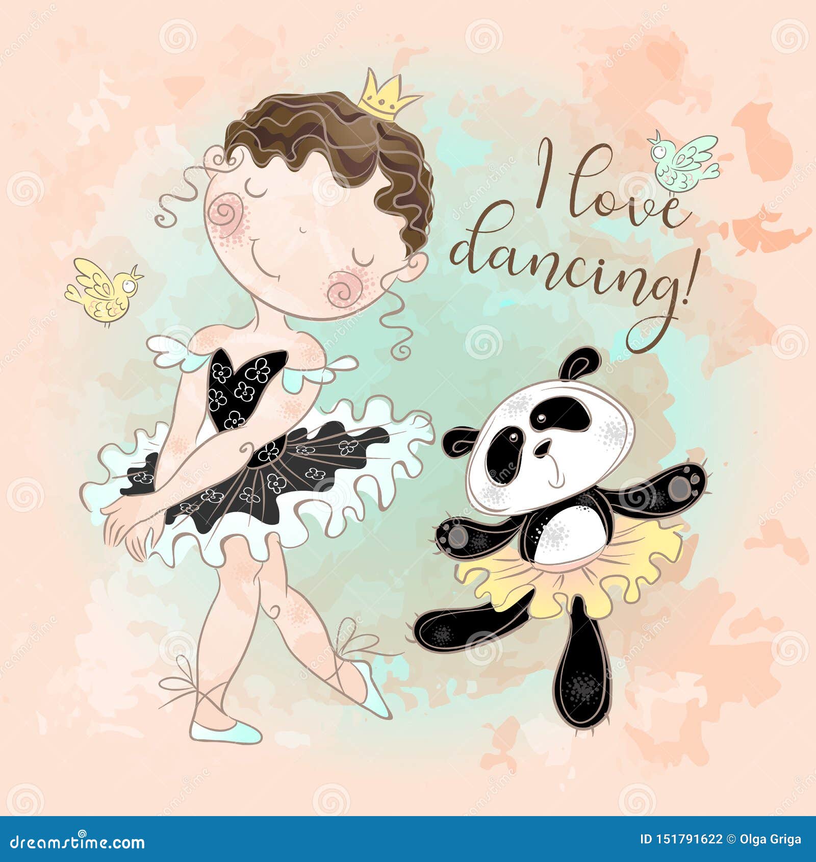little ballerina dancing with panda ballerina. i love dancing. inscription. 