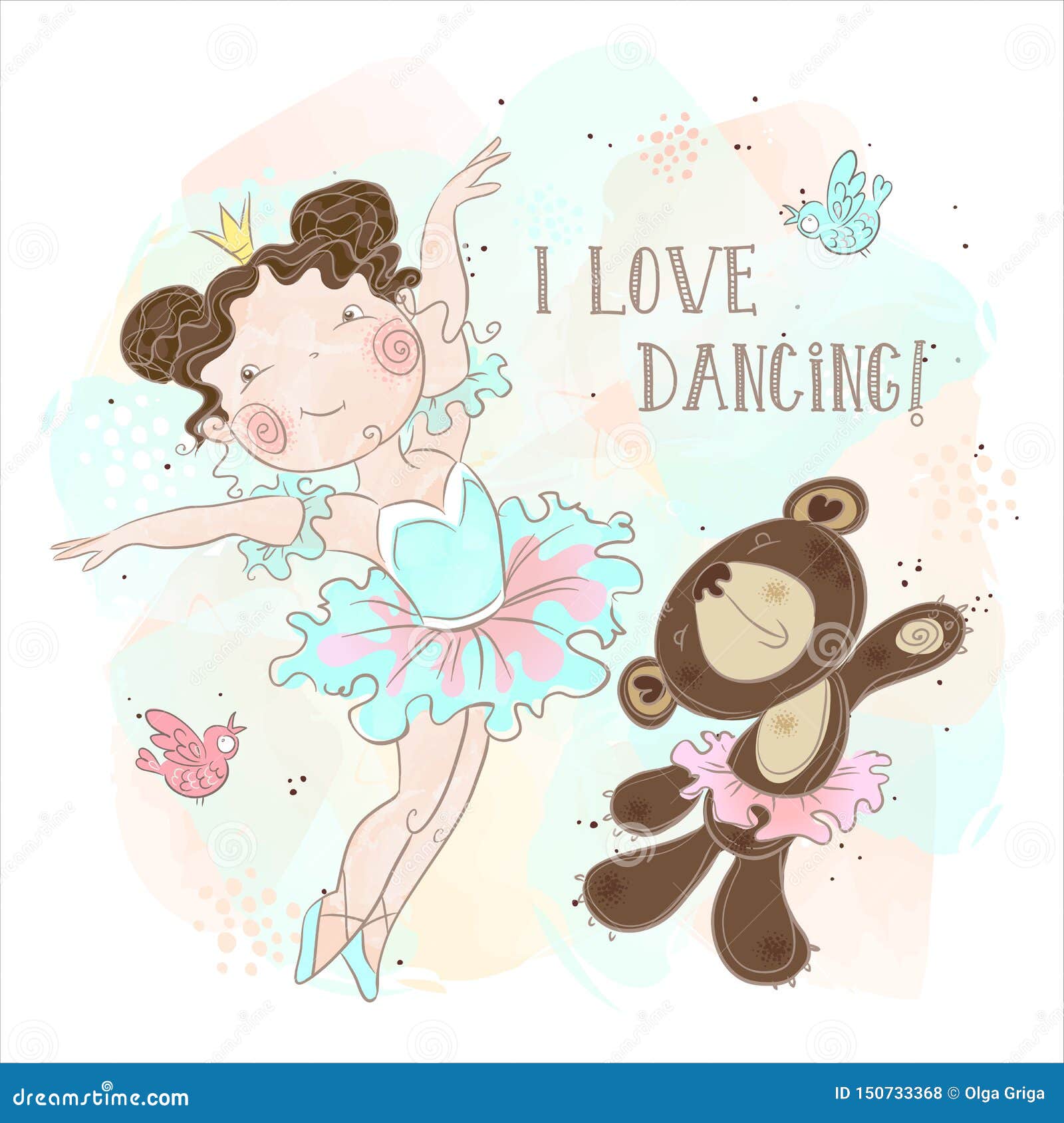 little ballerina girl dancing with a bear. i love dancing. inscription. 