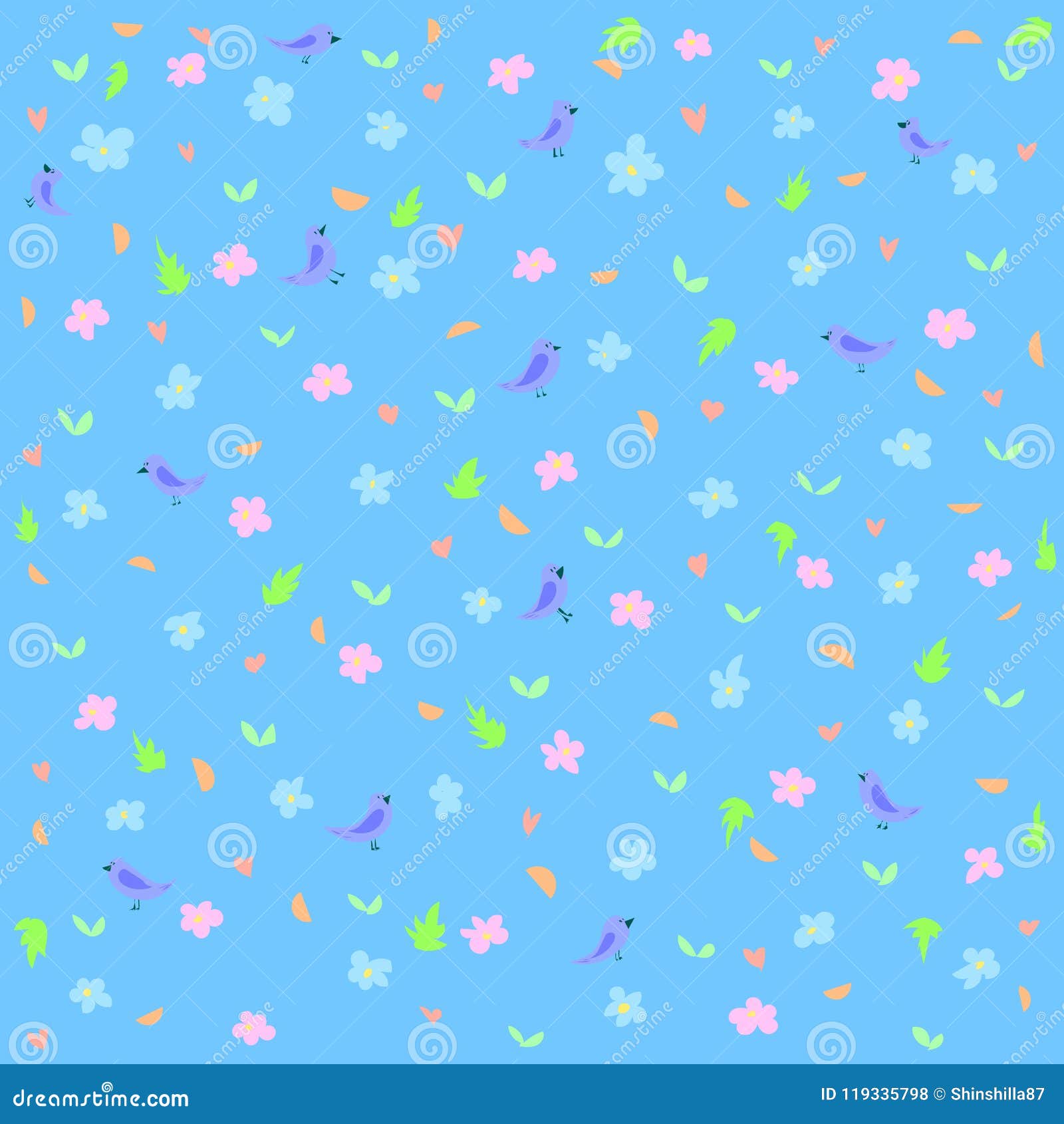 Little Birds on a Blue Flower Field Background Picture Stock 