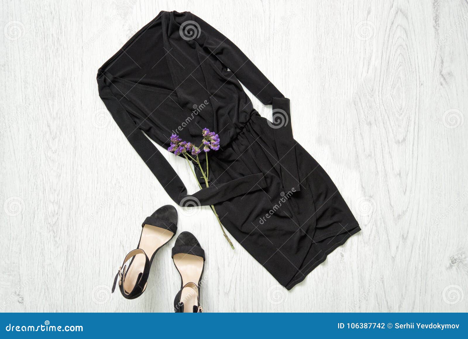 Little Black Dress with Sleeve, Flowers and Black Shoes. Fashion Stock ...