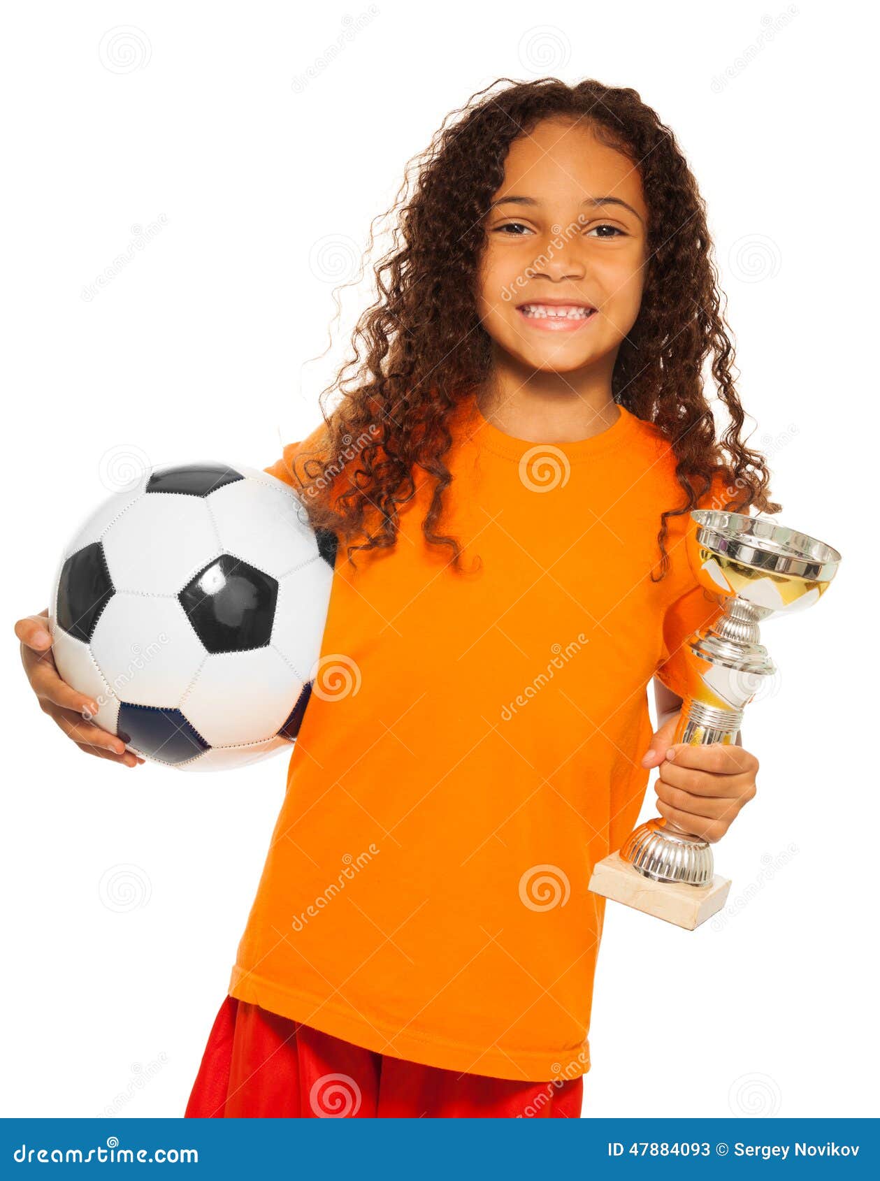 Little Black Girl Holding Soccer Ball and Prize Stock Image - Image of ...