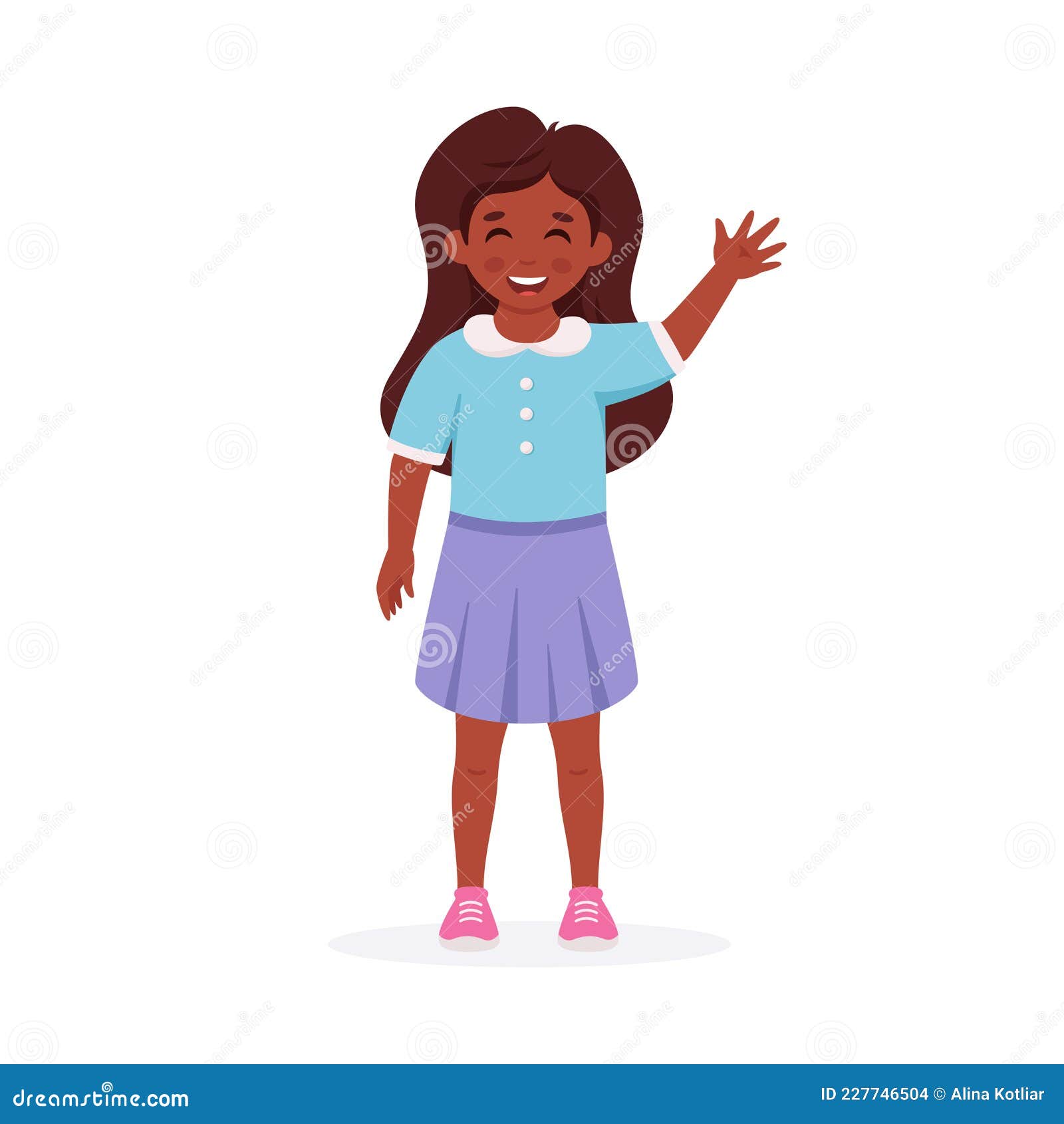 Little Black Girl Smiling and Waving Hand. Greeting Gesture. Elementary ...