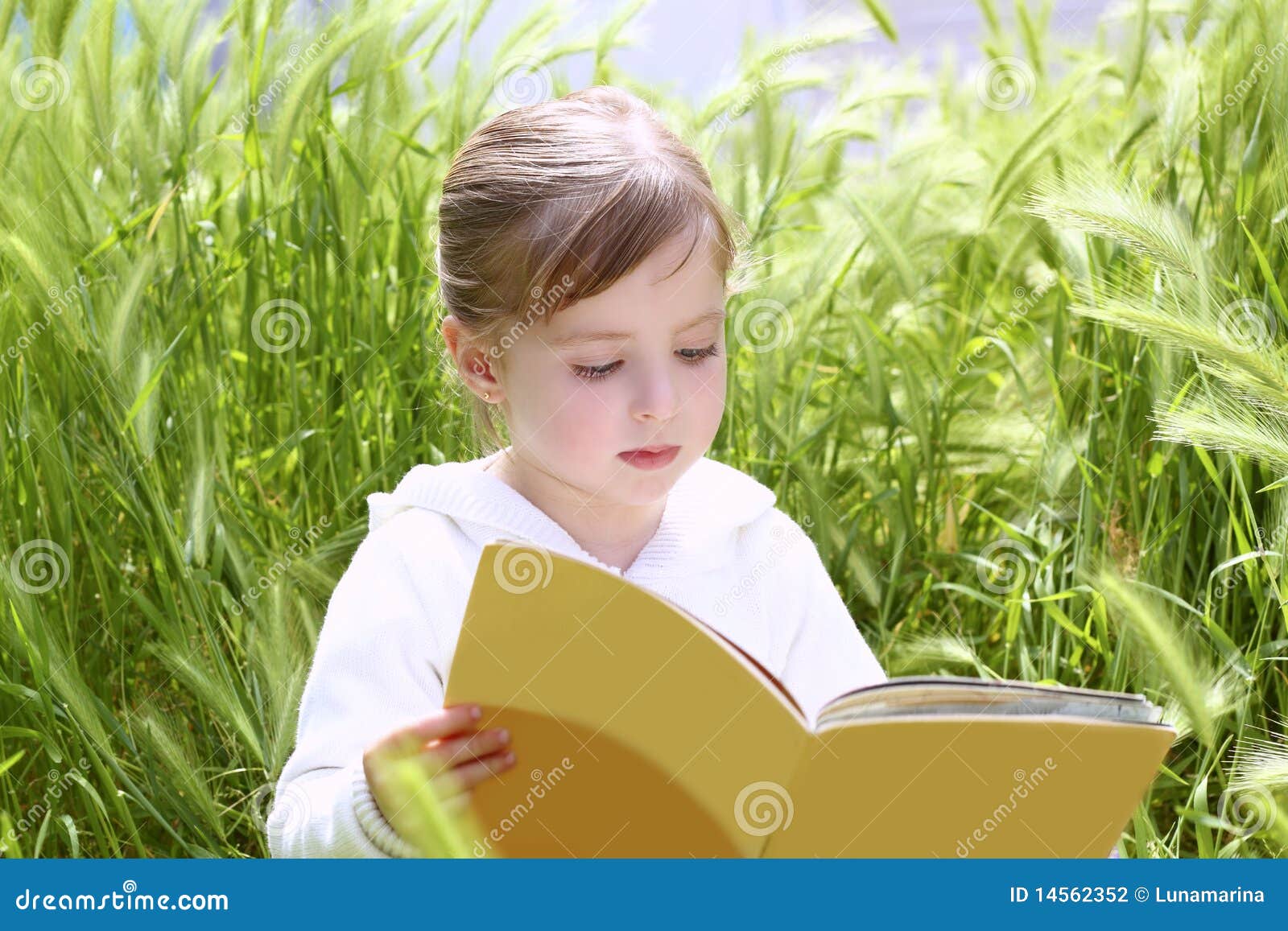 little blond girl reading book green spikes garden