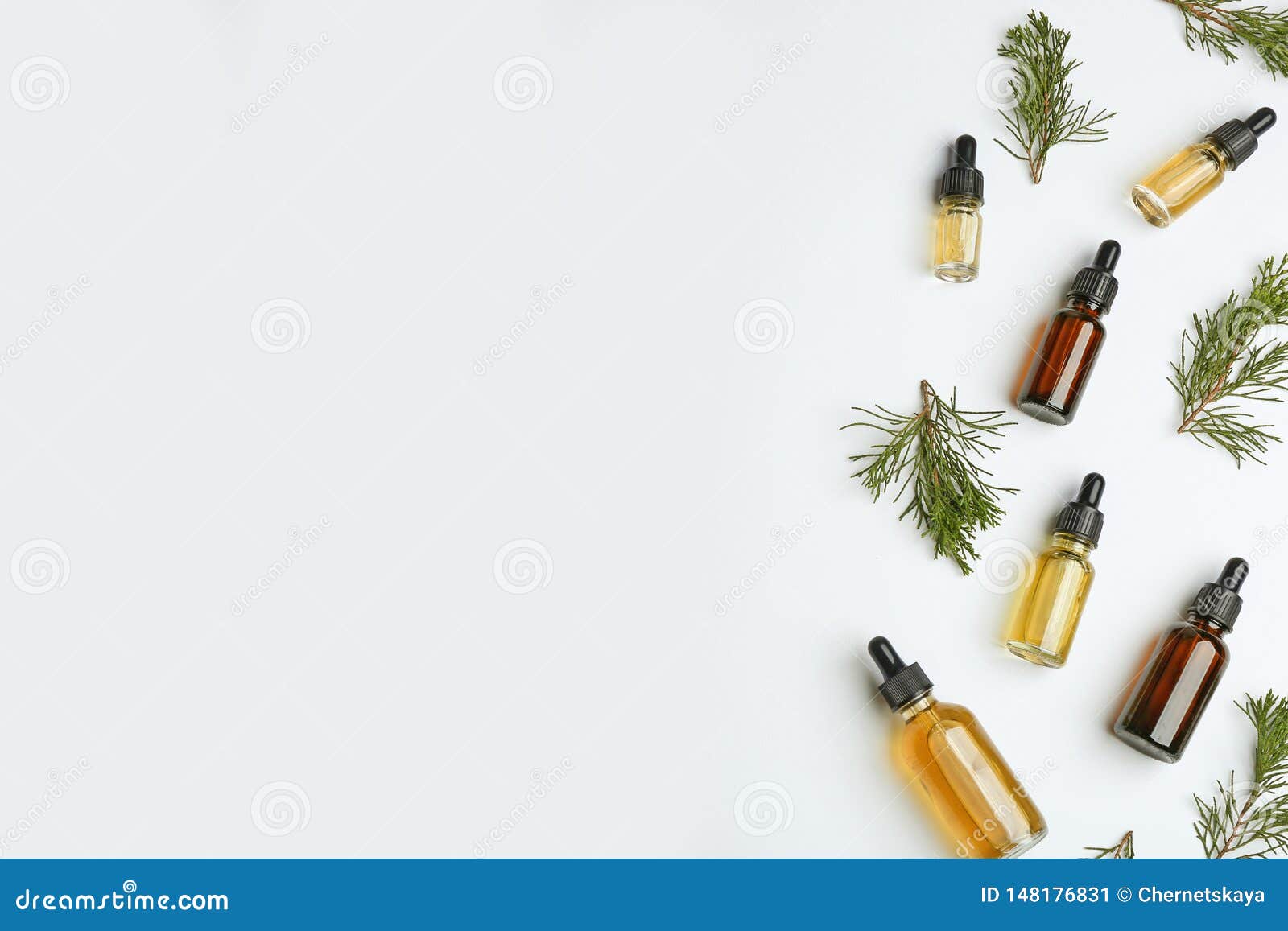 little bottles with essential oils among pine branches on white background, flat lay.