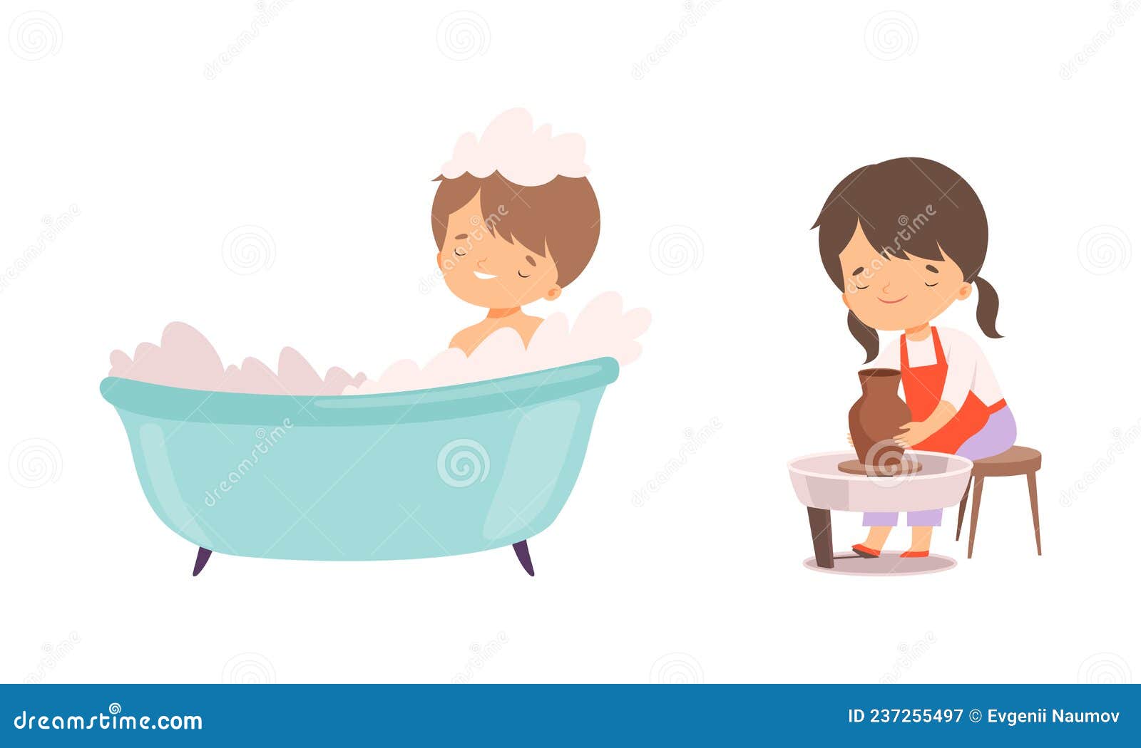 Little Boy Bathing in Bathtub with Foam and Girl Modelling Vase from ...