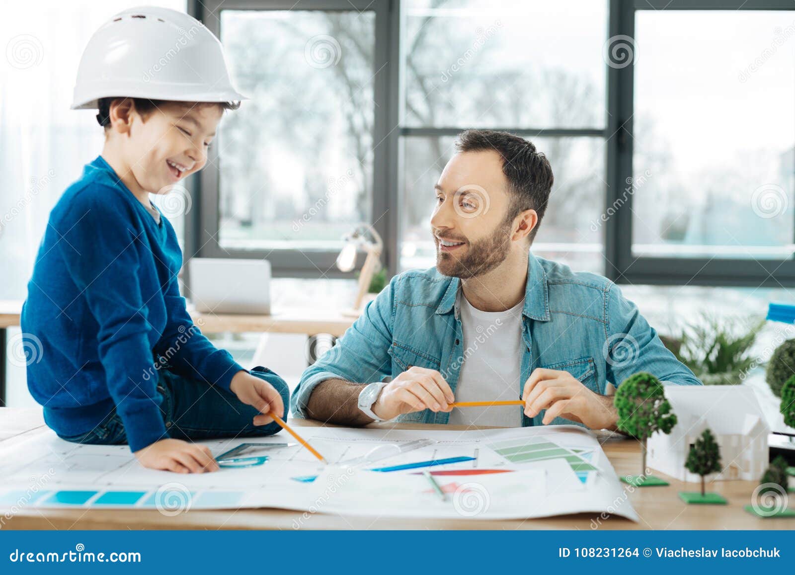 Little Boy Being Interested in Results of Fathers Work Stock Photo ...