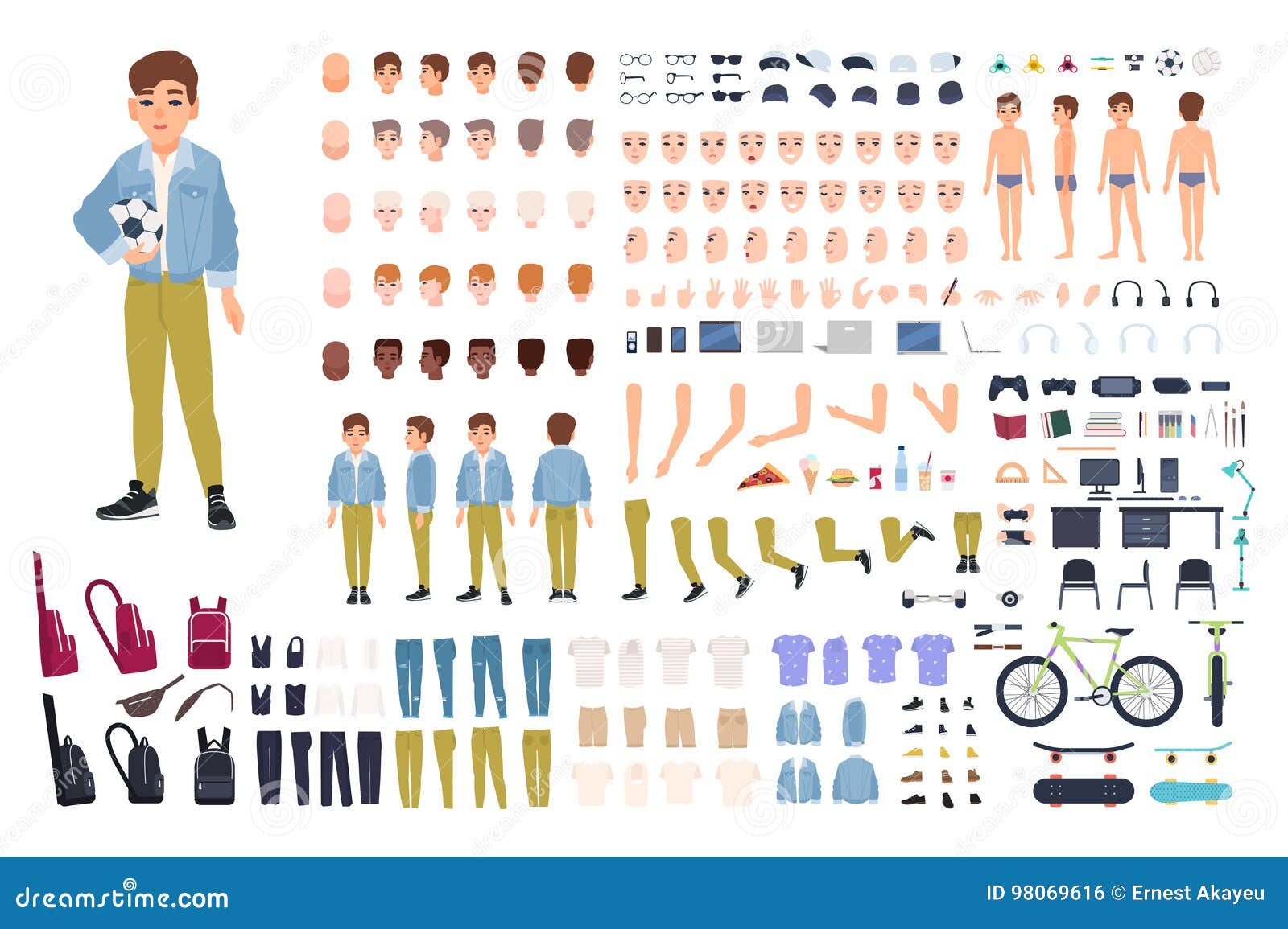 little boy character constructor. male child creation set. different postures, hairstyle, face, legs, hands, clothes
