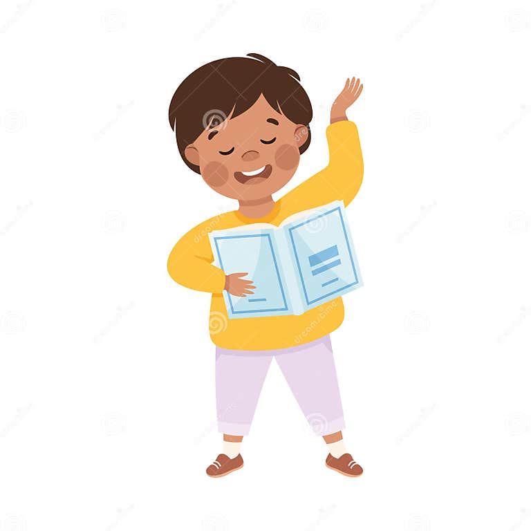 Little Boy Character Standing and Tell Story or Recite Poetry from Book Little Boy Character Standing and Tell Story or Recite Poetry from Book
