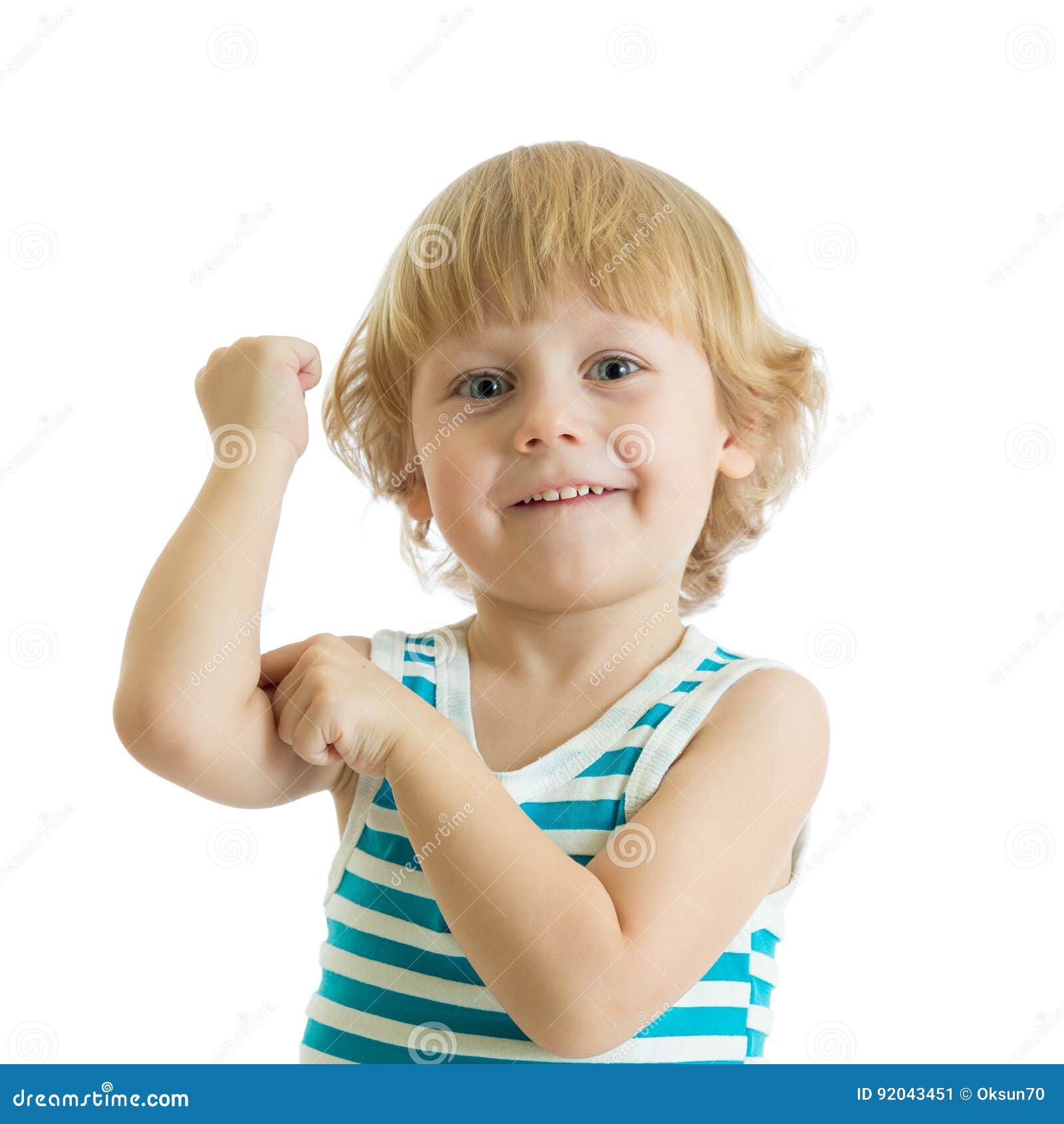 Little Boy Child Strength Training and Showing Muscles. Stock Image