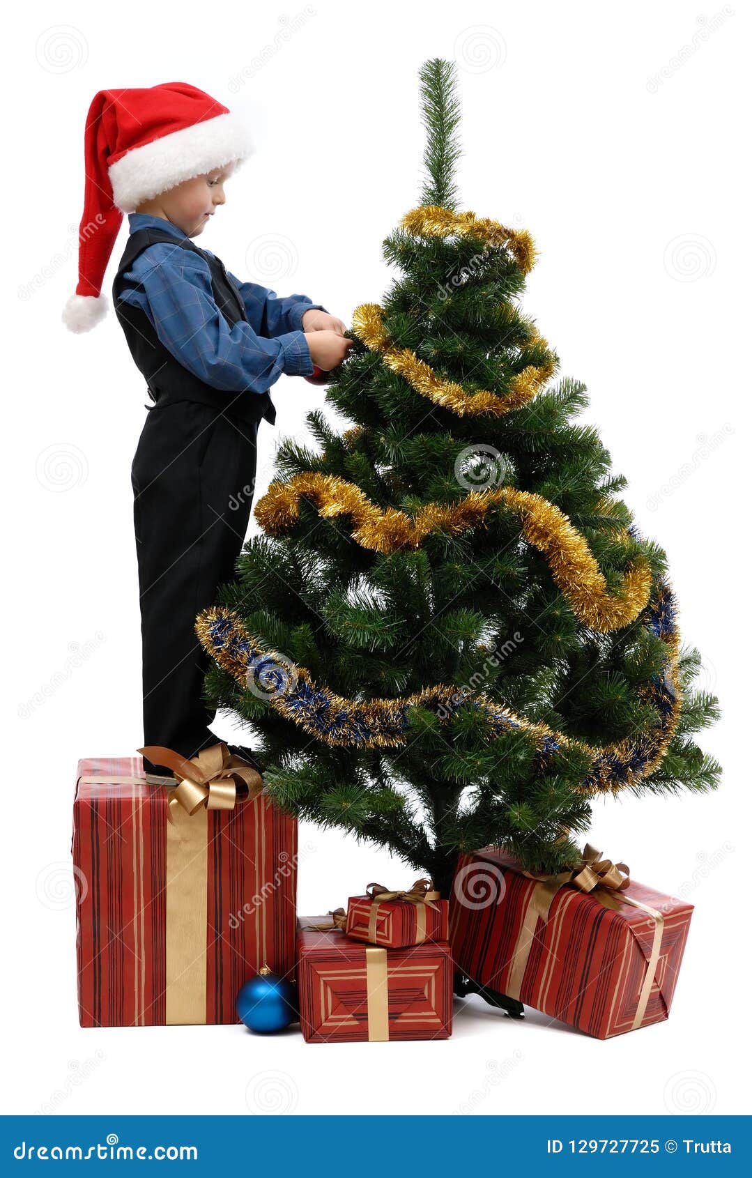 Little Boy with Christmas Tree on White Background Stock Image Image