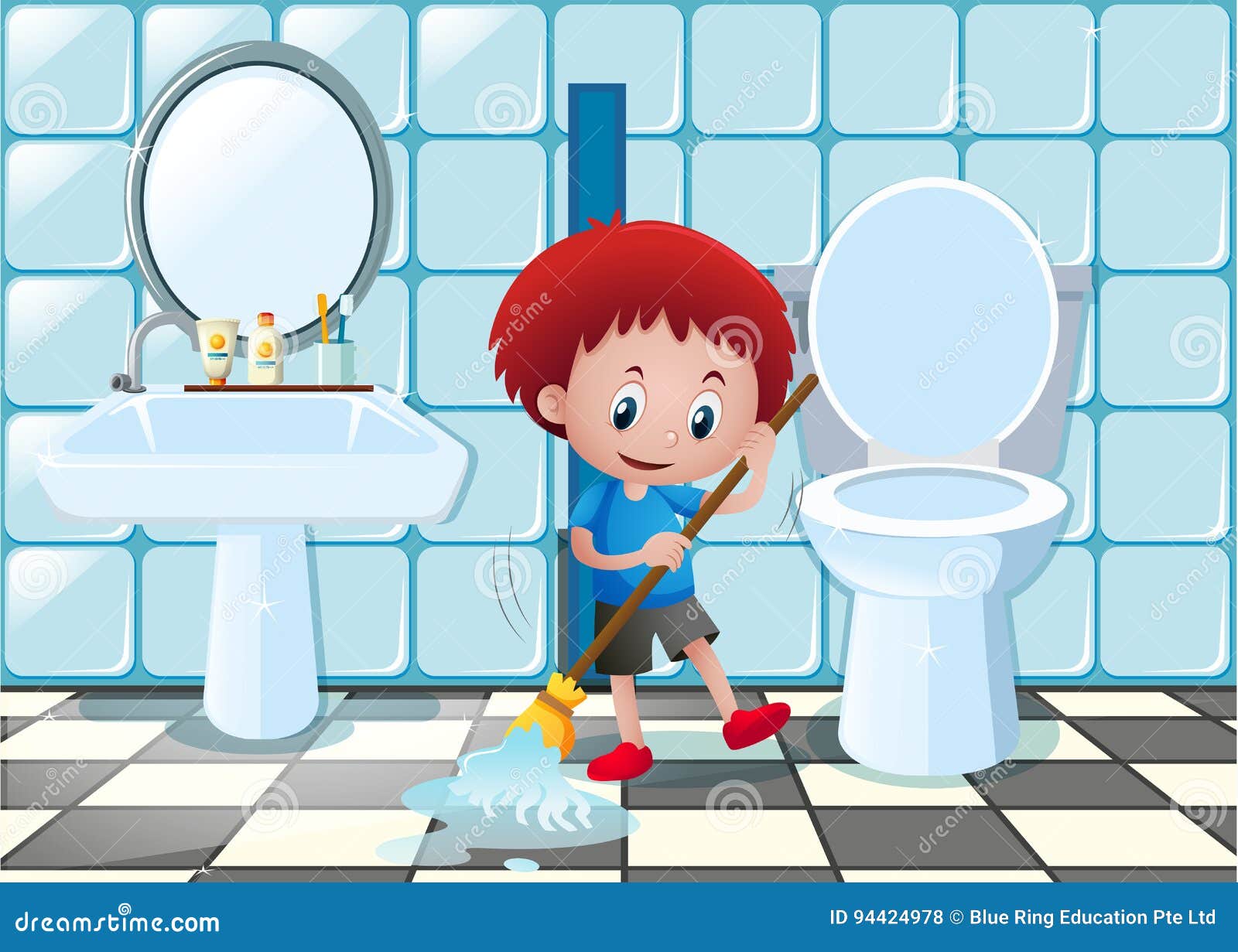 Little Boy  Cleaning  Bathroom  Floor Stock Vector 