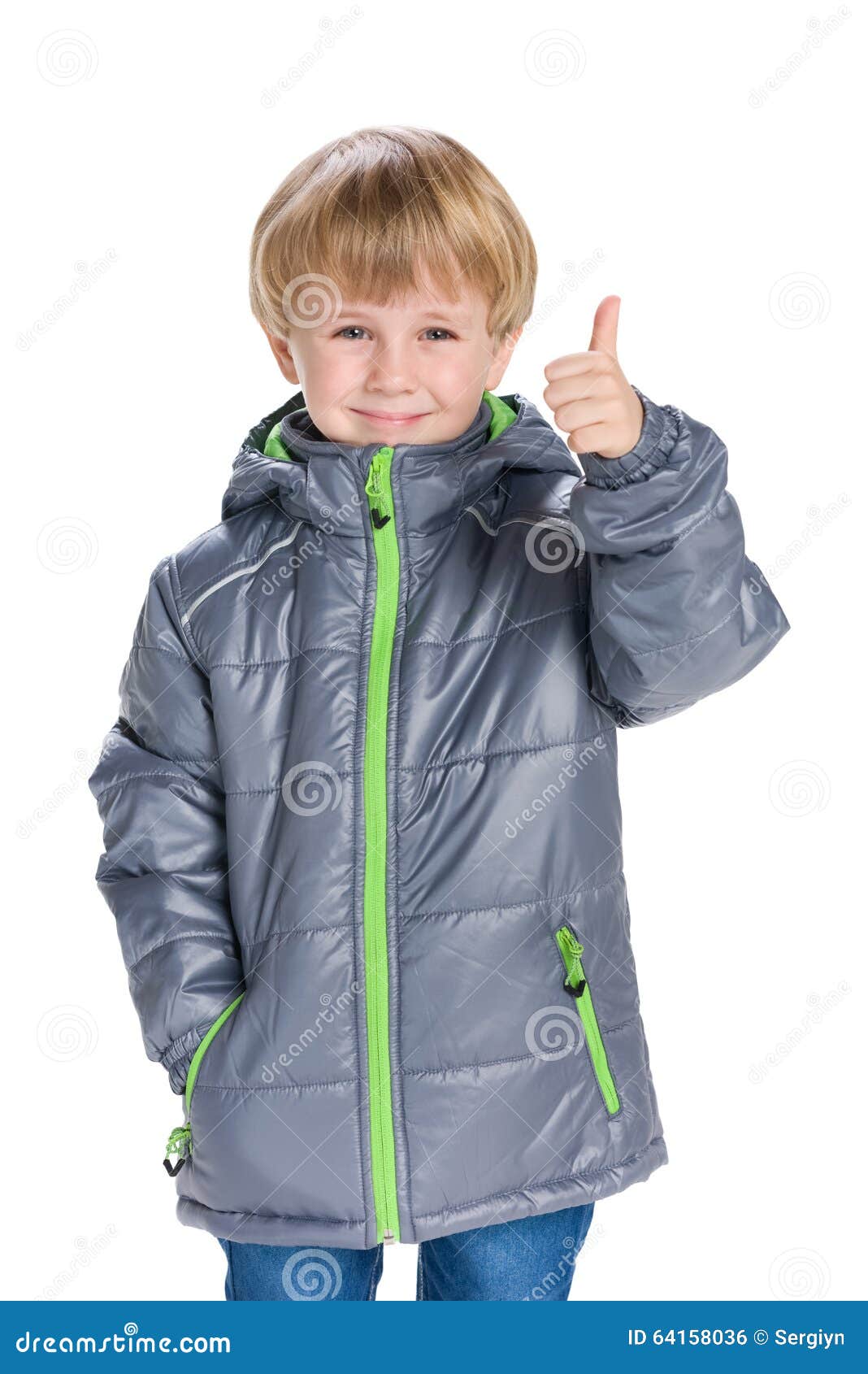 Little Boy in a Coat Holds His Thumb Up Stock Photo - Image of studio ...